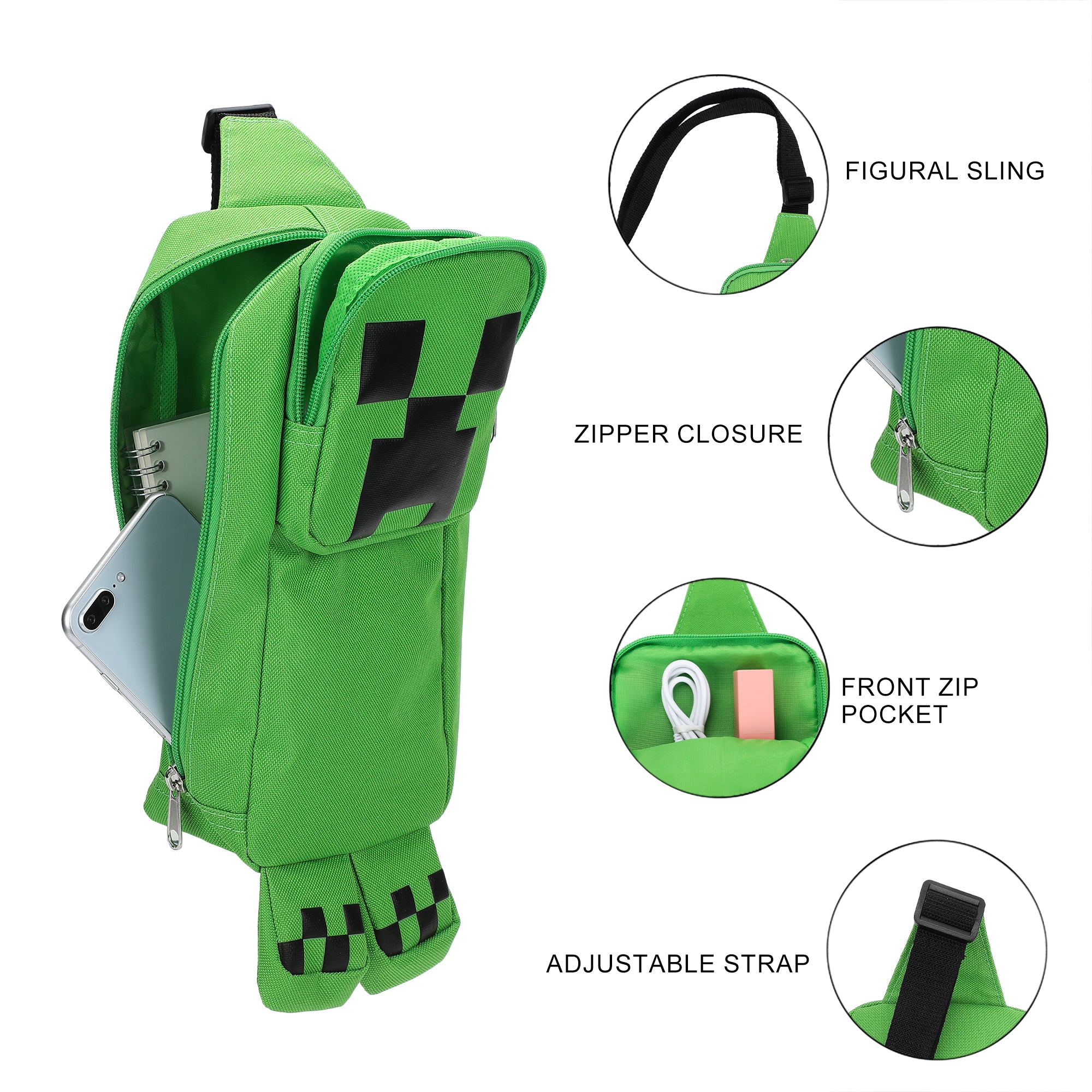 Minecraft Creeper 3D Character Crossbody Sling Bag With Adjustable Strap