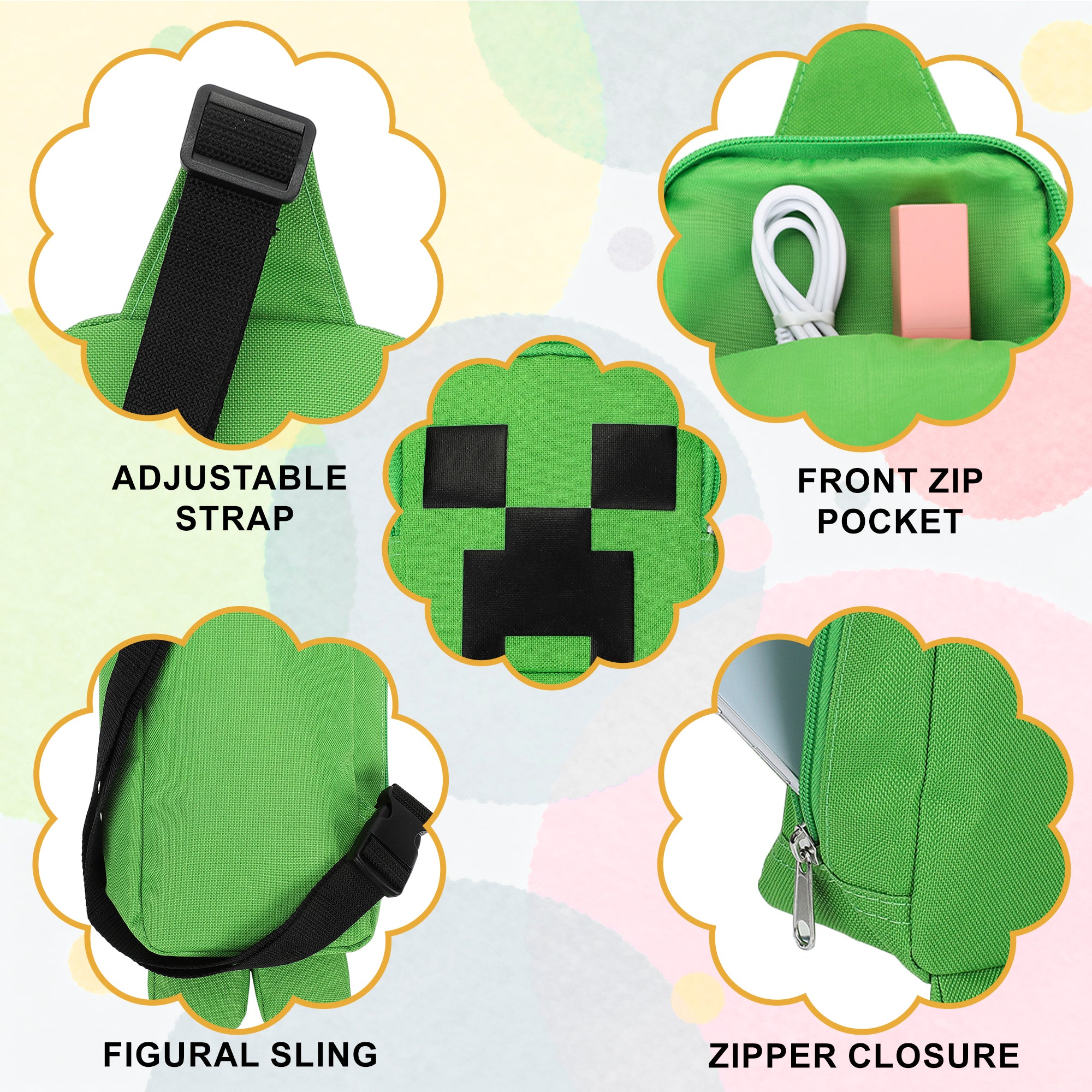 Minecraft Creeper 3D Character Crossbody Sling Bag With Adjustable Strap