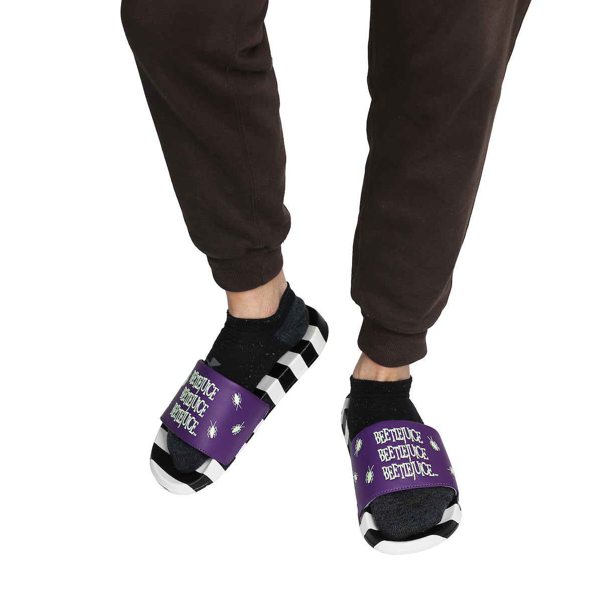 Beetlejuice Repeat Movie Title Men's Black & White Striped Slide Sandals