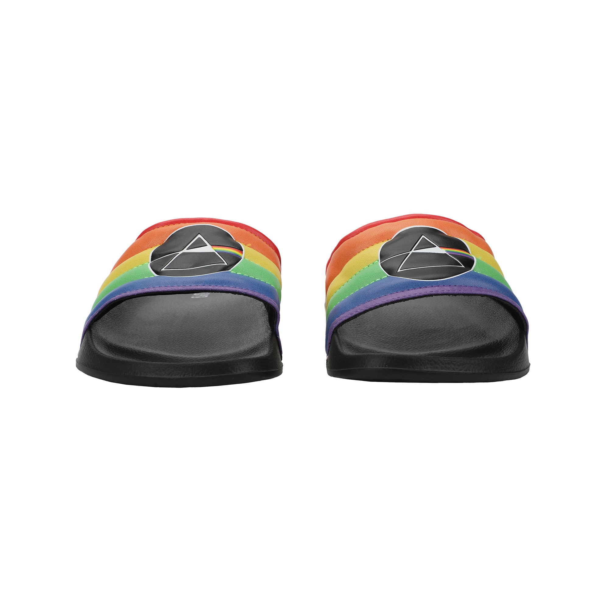 Pink Floyd Dark Side Of The Moon Triangle Artwork On Rainbow Straps Women's Black Slide Sandals