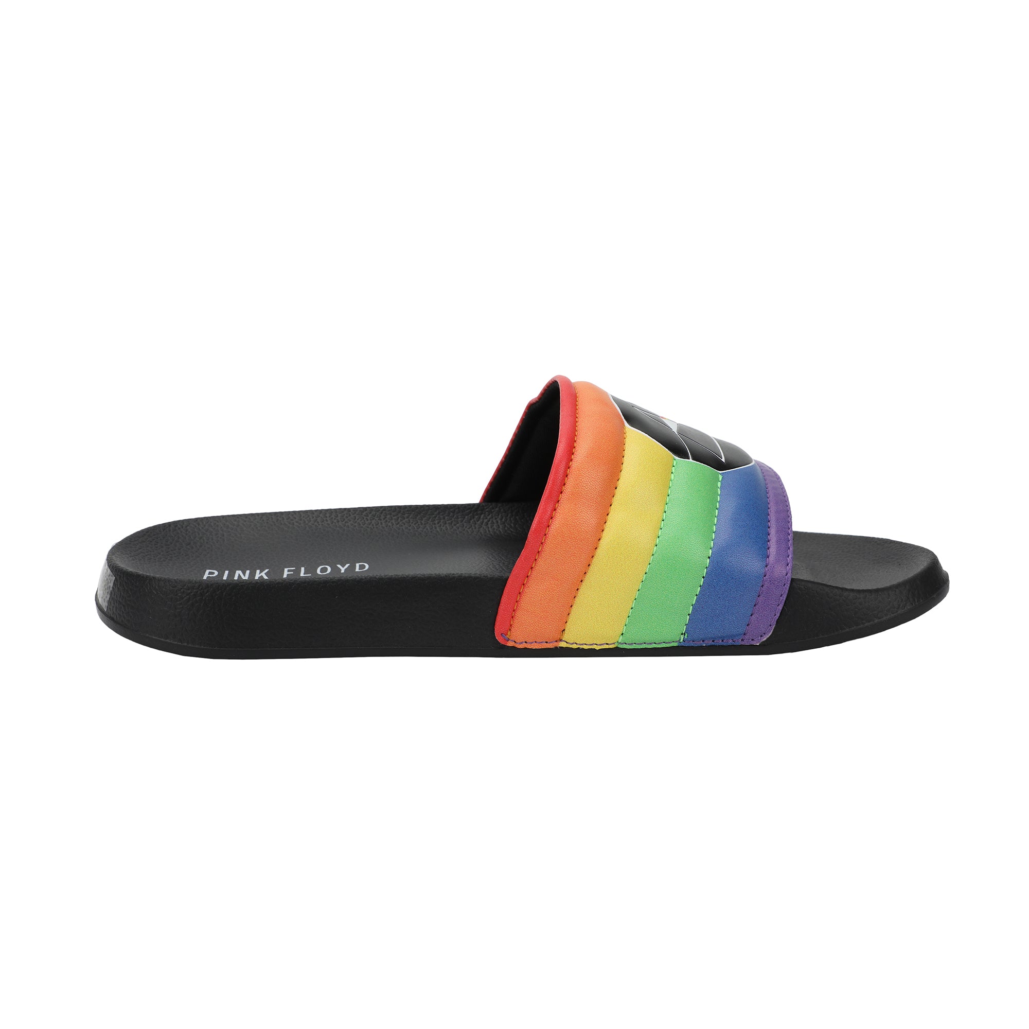Pink Floyd Dark Side Of The Moon Triangle Artwork On Rainbow Straps Women's Black Slide Sandals