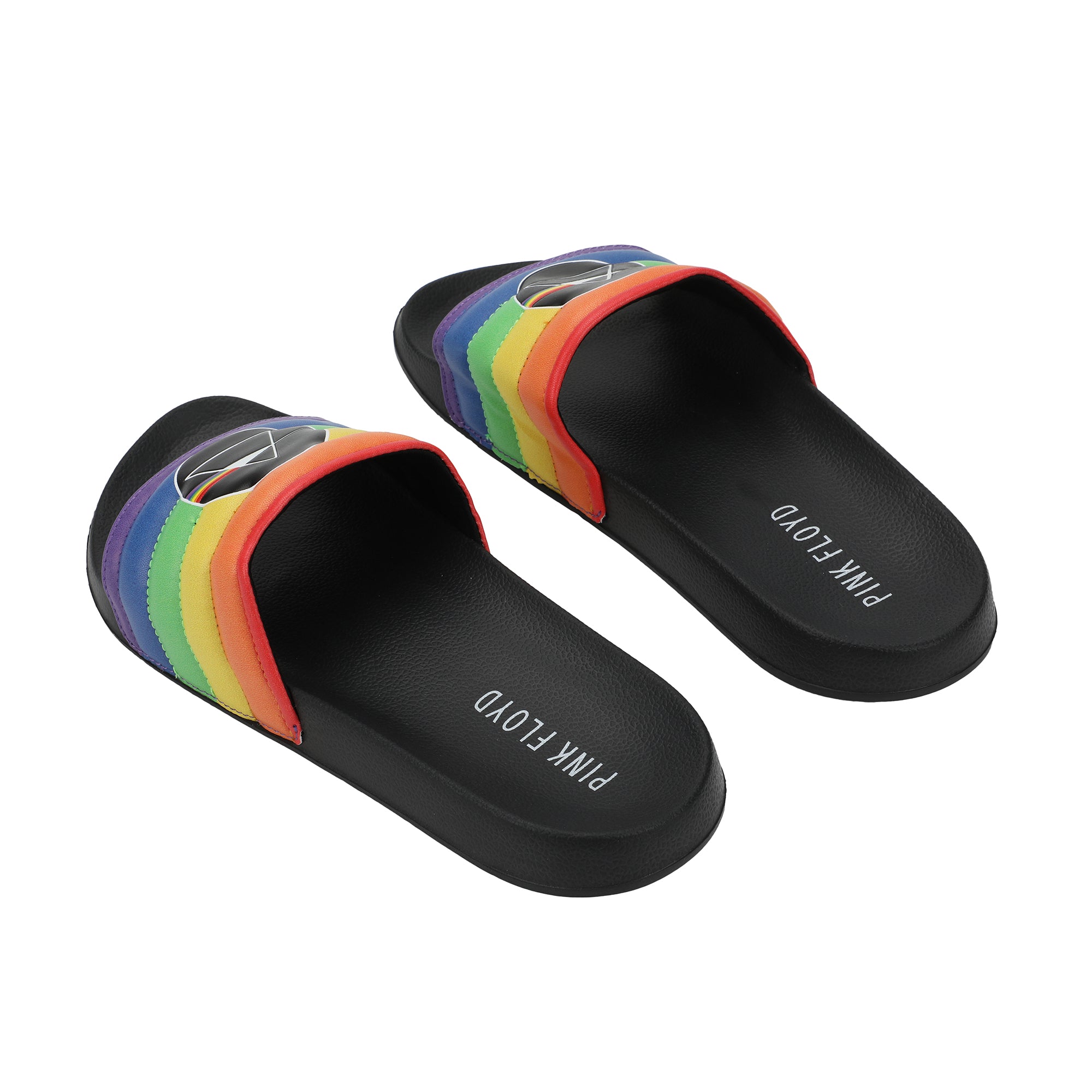 Pink Floyd Dark Side Of The Moon Triangle Artwork On Rainbow Straps Women's Black Slide Sandals
