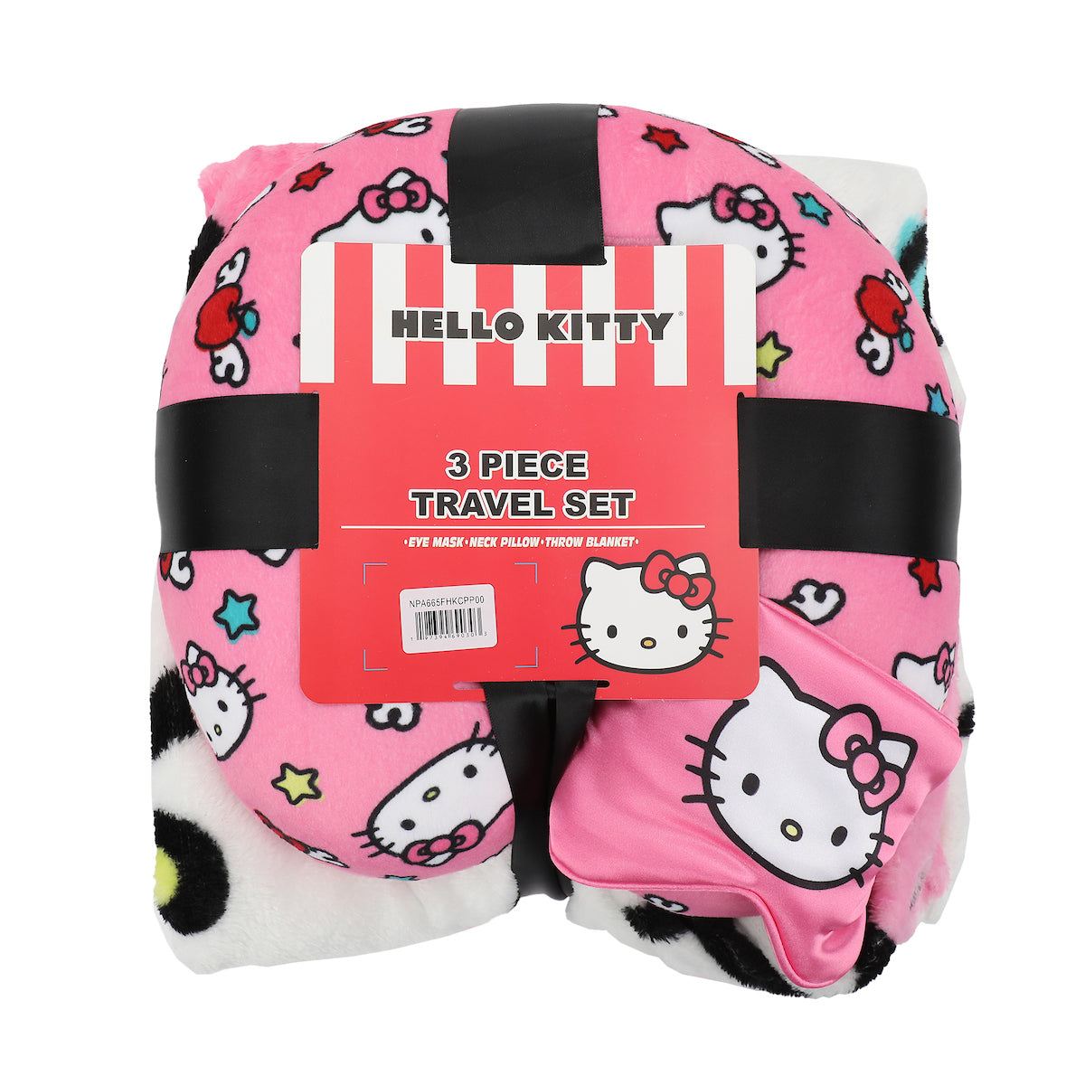 Hello Kitty Adult Travel Set with Neck Pillow Eye Mask and Throw Blanket - Adorable Comfort for Hello Kitty Fans on the Go!