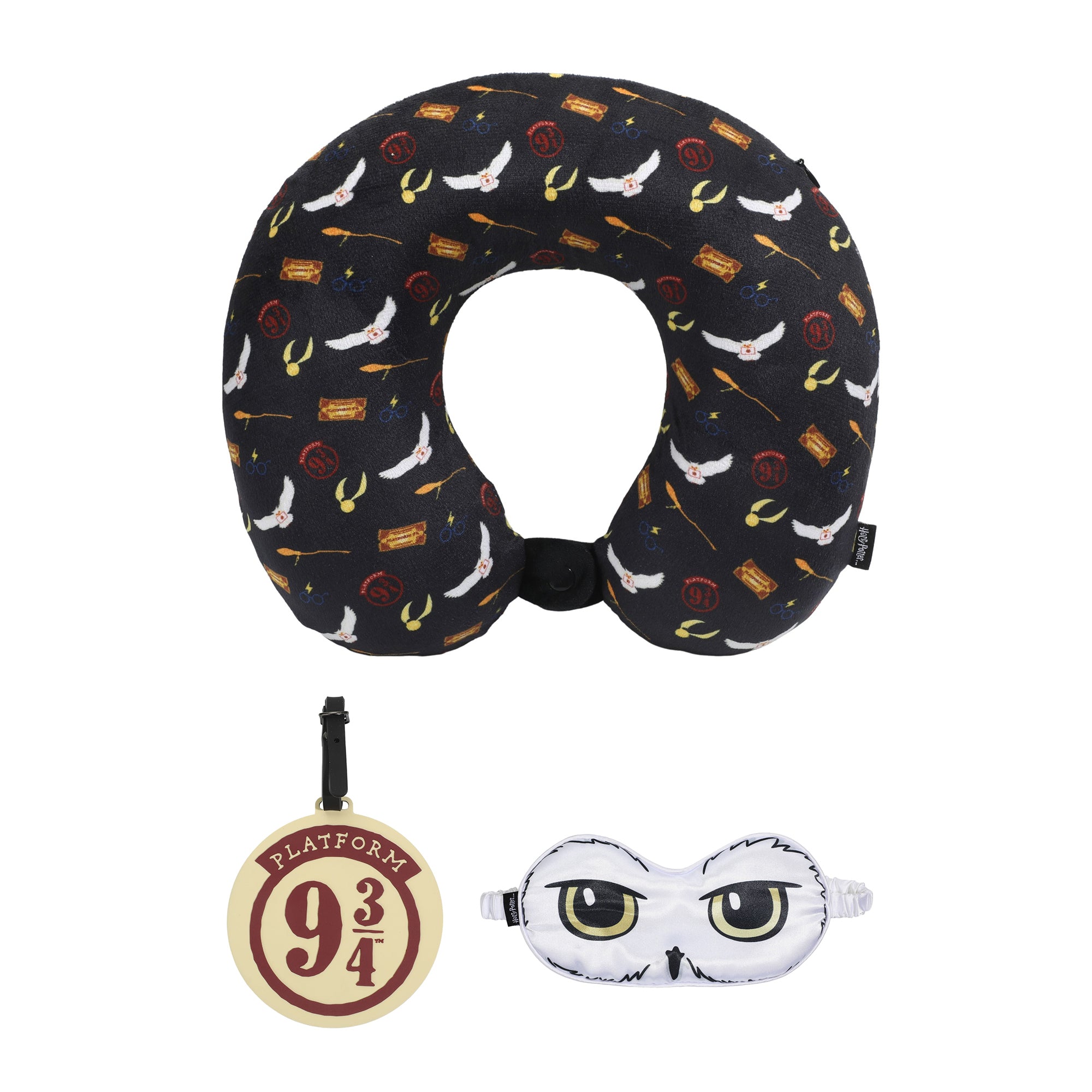 Harry Potter 3pc Neck Pillow Set with Sleep Mask and Molded Rubber Luggage Tag OSFA