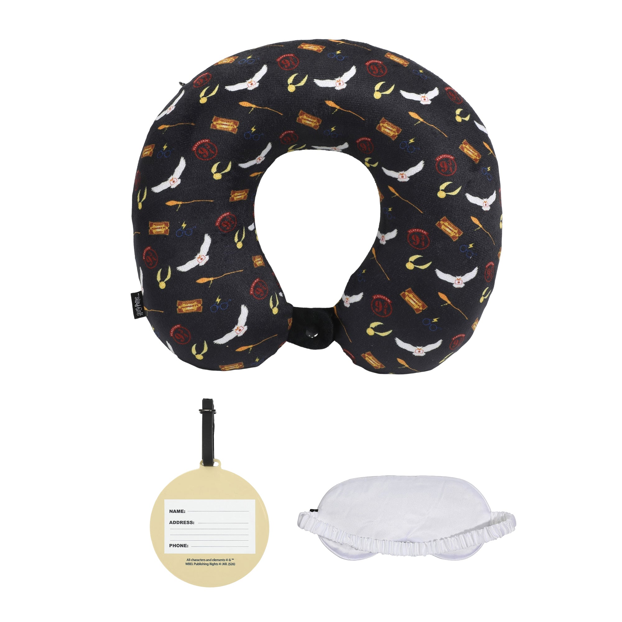 Harry Potter 3pc Neck Pillow Set with Sleep Mask and Molded Rubber Luggage Tag OSFA