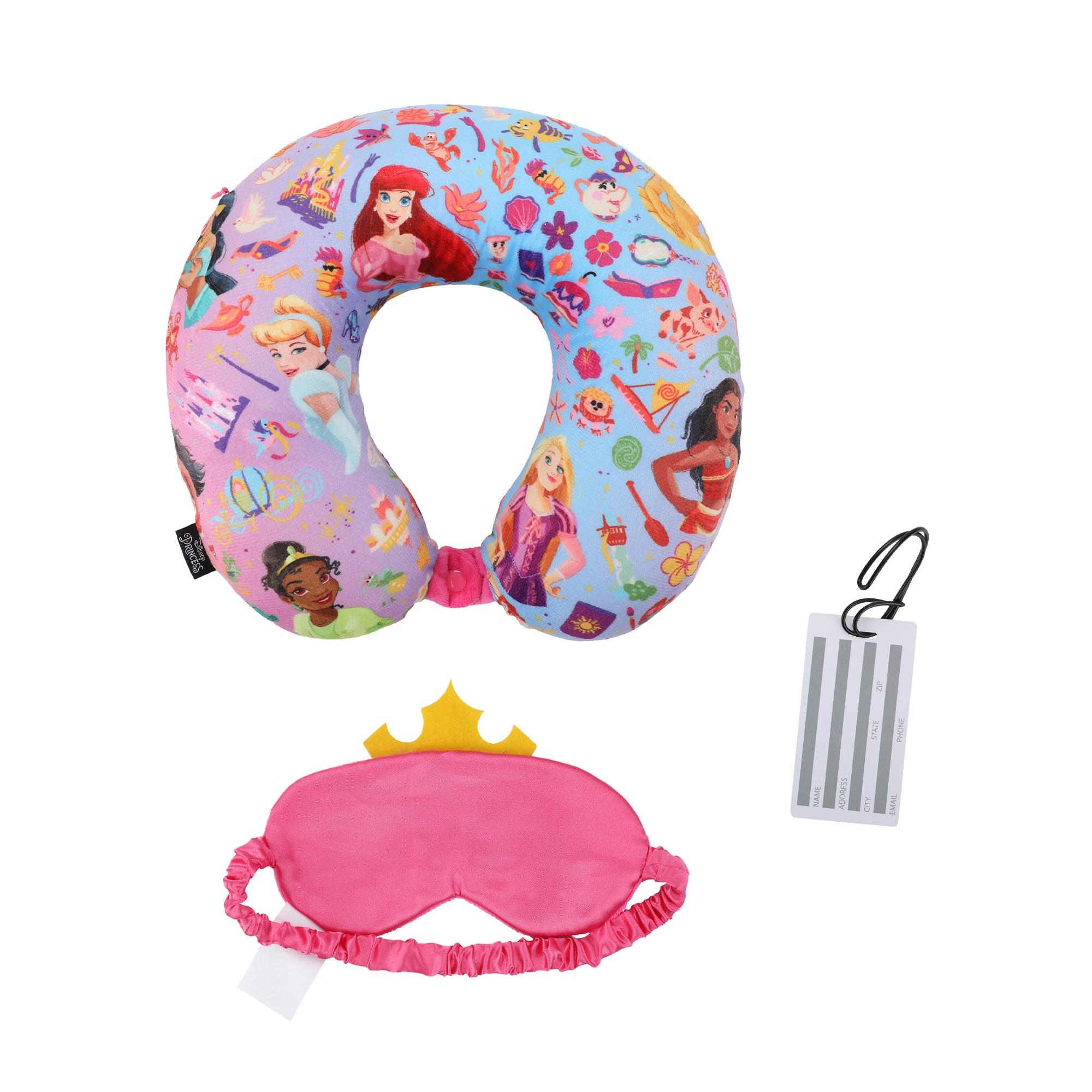 Disney Princess 3-Piece Neck Pillow Travel Set With Eye Mask & Luggage Tag
