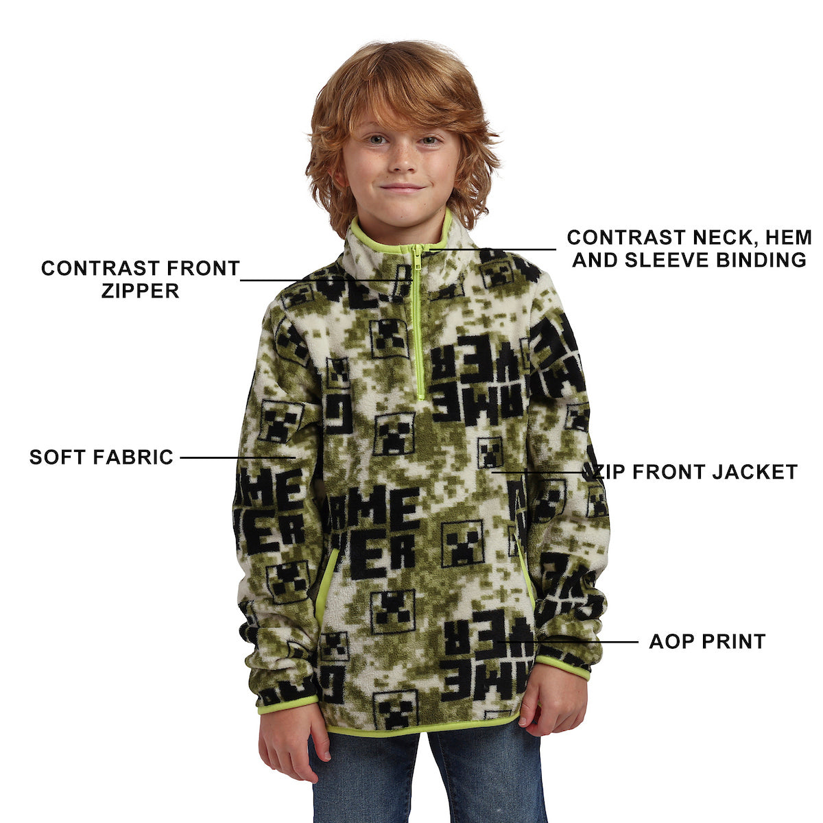 Minecraft Game Over Boy’s White & Green Quarter Zip Jacket