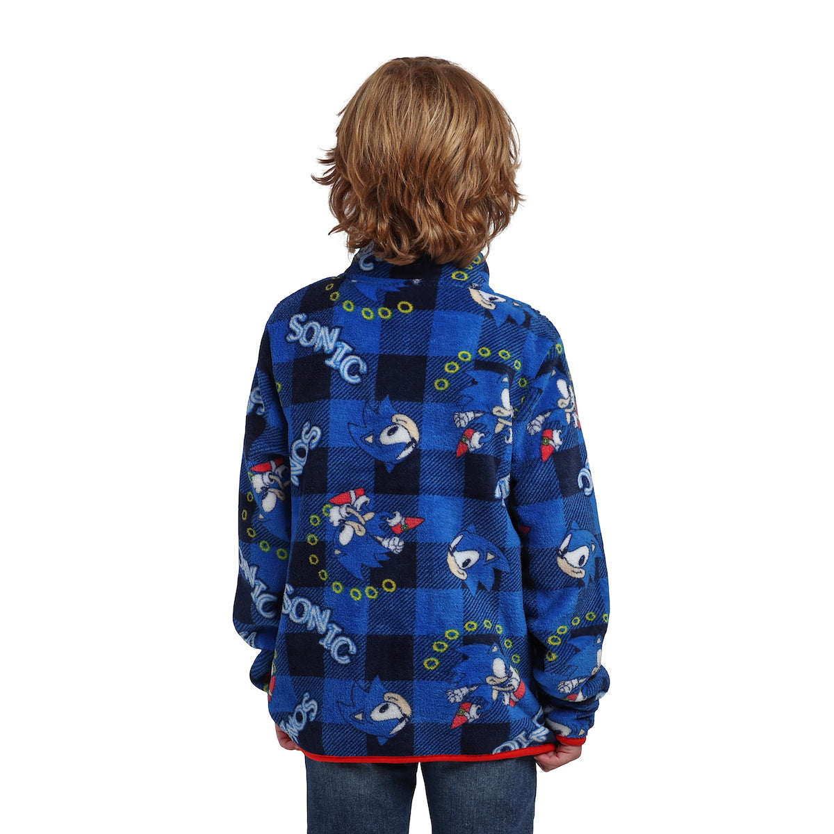 Sonic The Hedgehog Rings Boy's Blue Plaid Quarter Zip Jacket