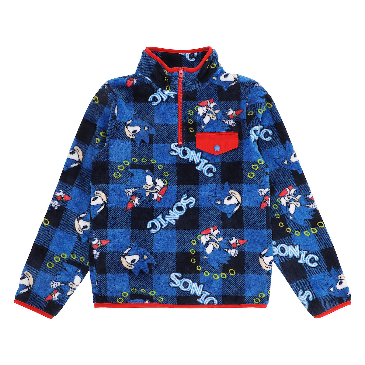 Sonic The Hedgehog Rings Boy's Blue Plaid Quarter Zip Jacket
