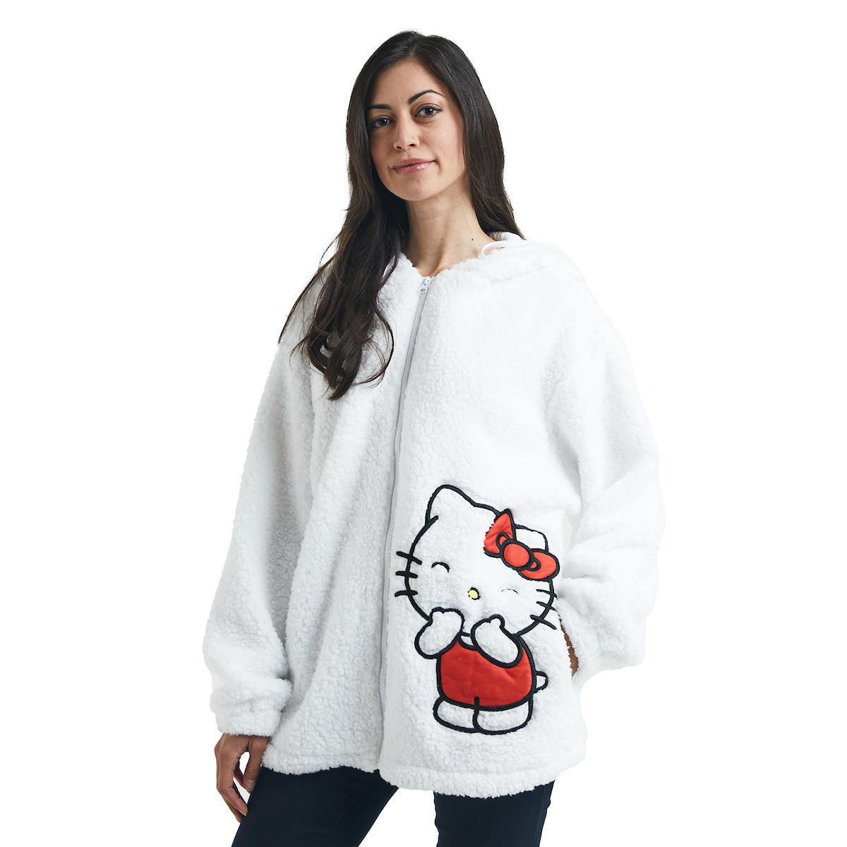 Hello Kitty Women's White Long Sleeve Cosplay Faux Shearling Zip-Up Hoodie