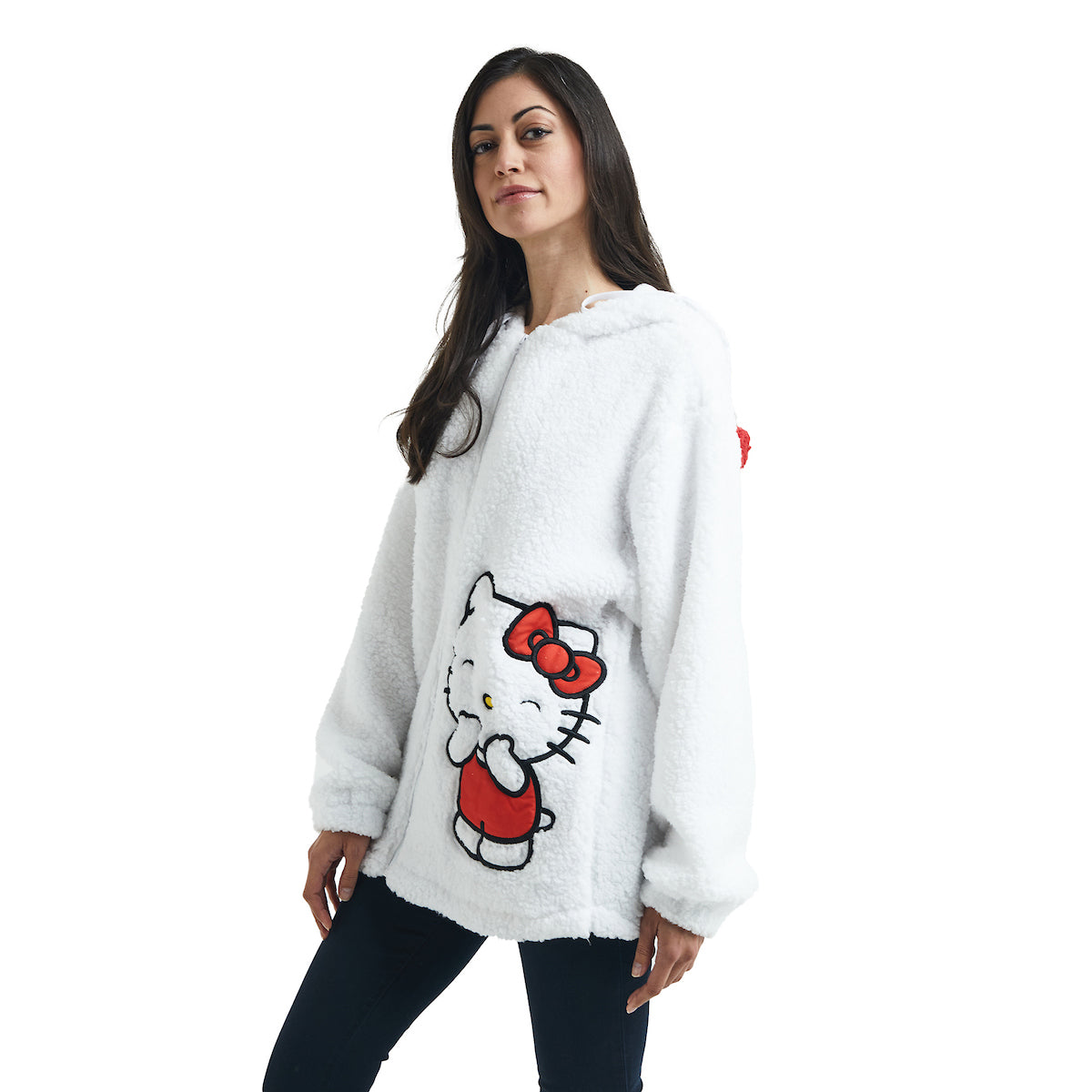 Hello Kitty Women's White Long Sleeve Cosplay Faux Shearling Zip-Up Hoodie