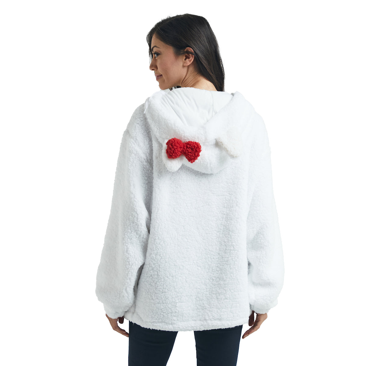 Hello Kitty Women's White Long Sleeve Cosplay Faux Shearling Zip-Up Hoodie
