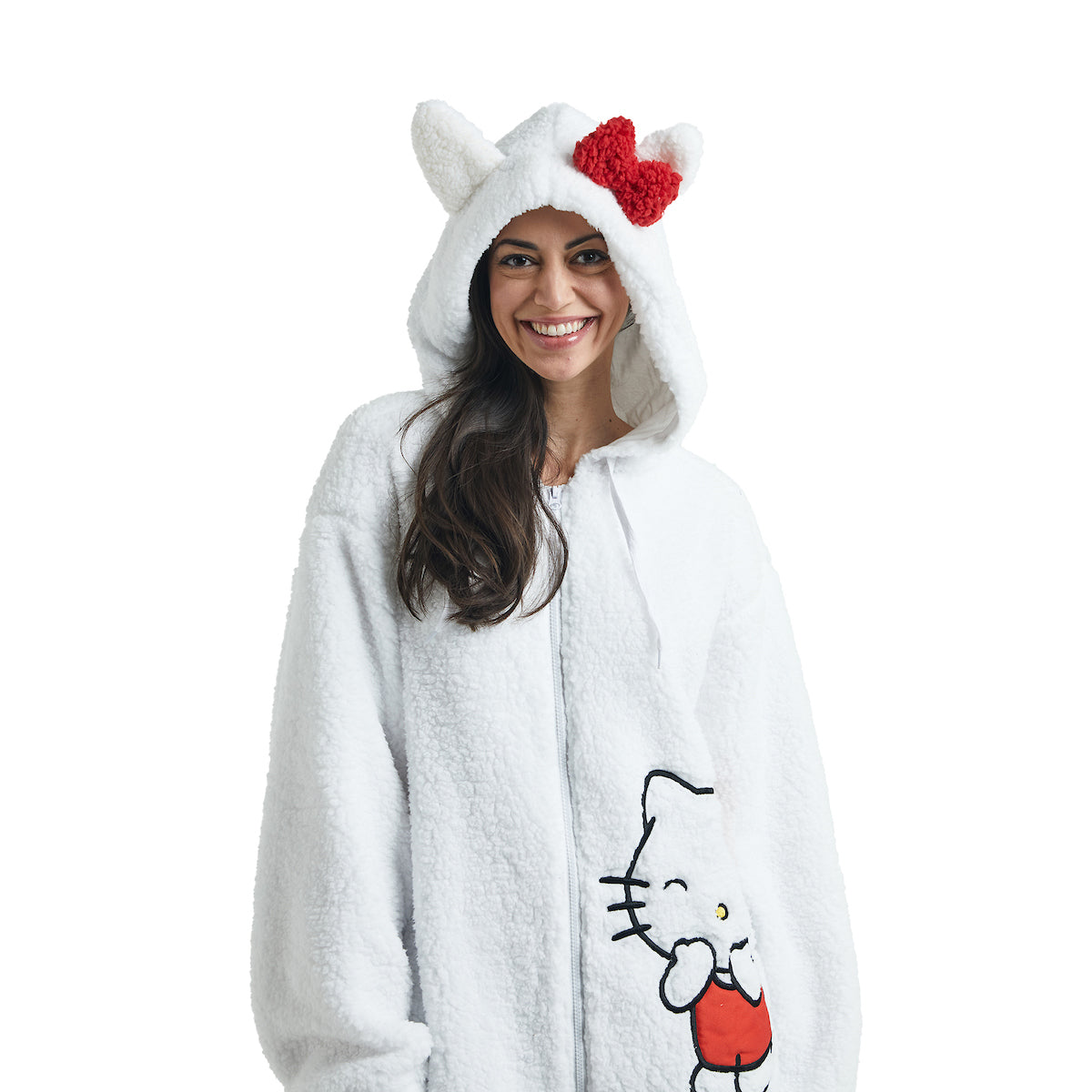 Hello Kitty Women's White Long Sleeve Cosplay Faux Shearling Zip-Up Hoodie