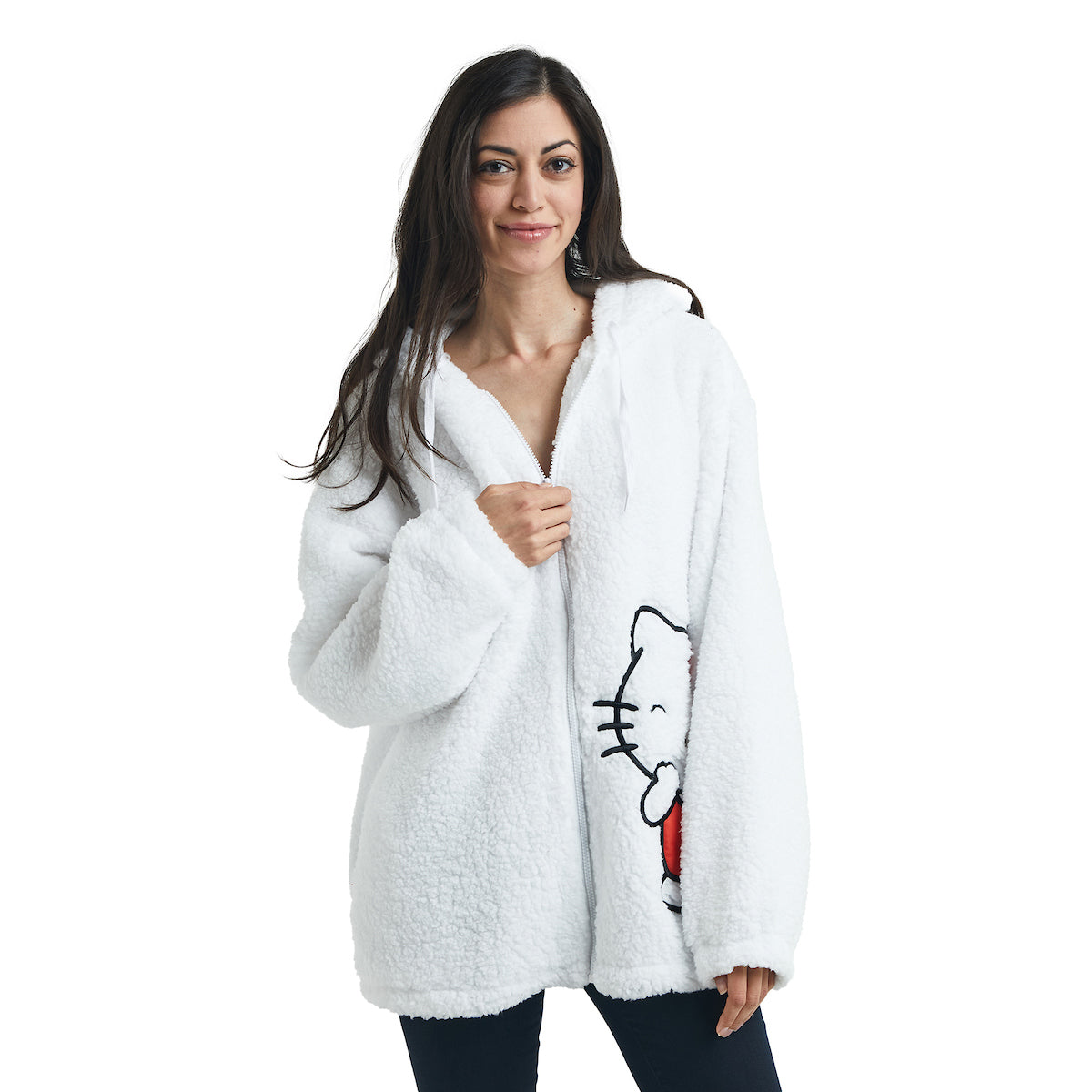 Hello Kitty Women's White Long Sleeve Cosplay Faux Shearling Zip-Up Hoodie