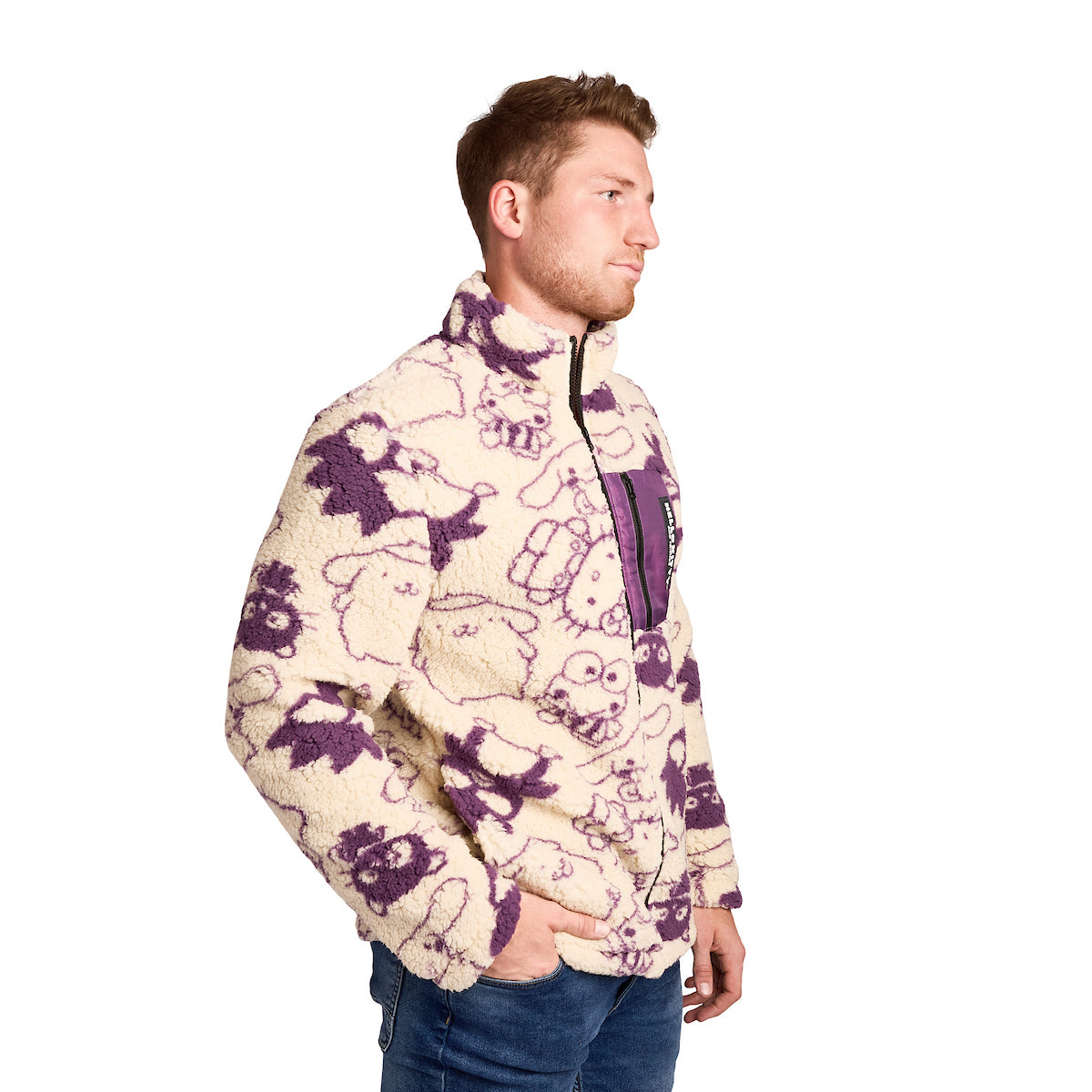 Hello Kitty & Friends All-Over Character Print Men's White Long Sleeve Sherpa Outerwear Jacket