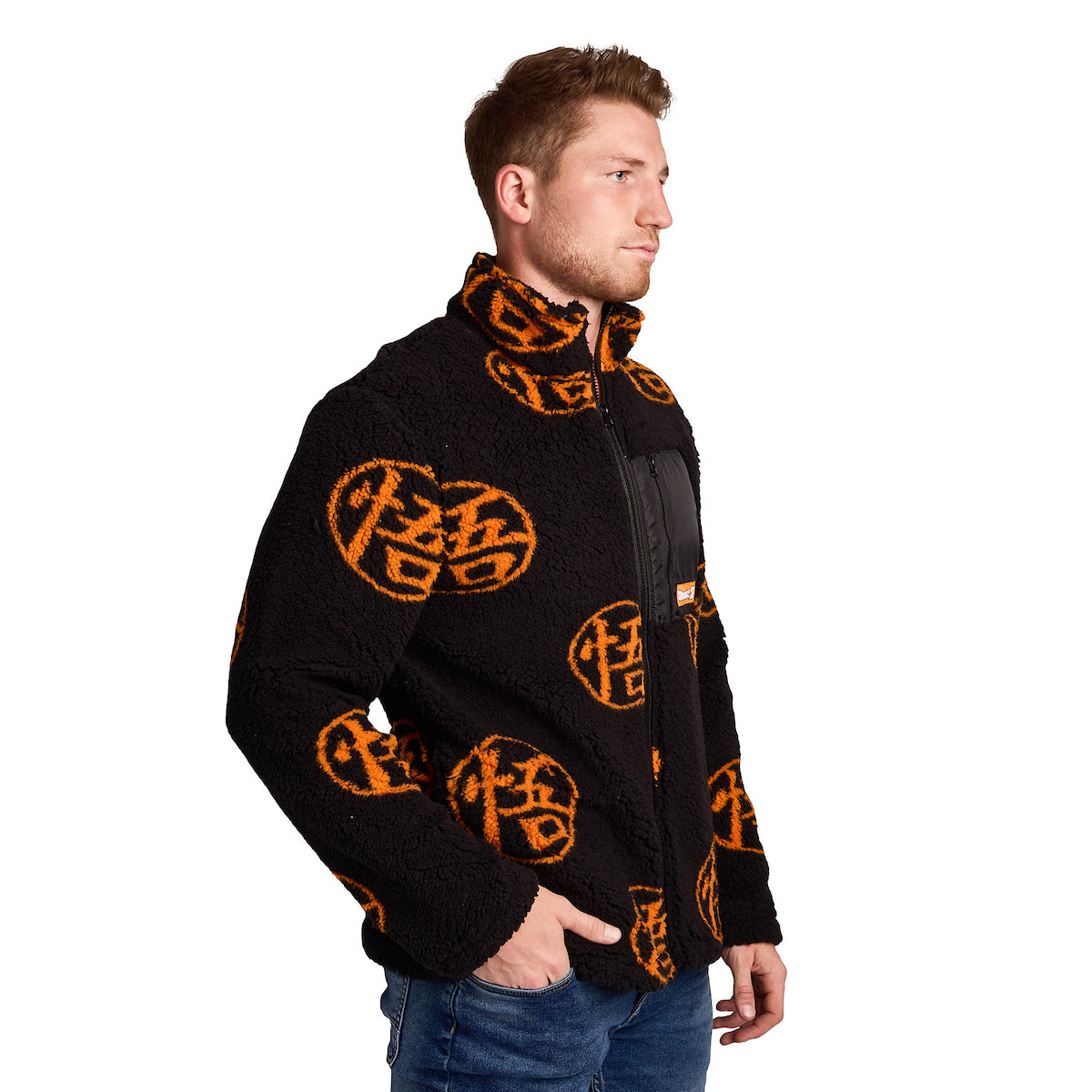 Dragon Ball Z Goku Kanji Symbol All-Over Print Men's Black Long Sleeve Sherpa Outerwear Jacket