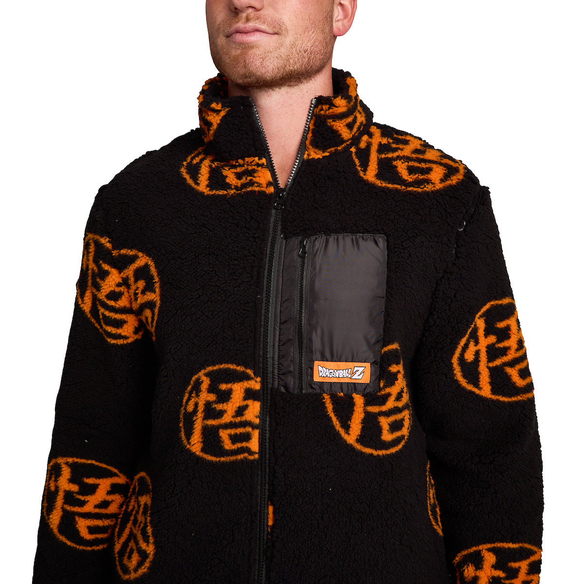 Dragon Ball Z Goku Kanji Symbol All-Over Print Men's Black Long Sleeve Sherpa Outerwear Jacket