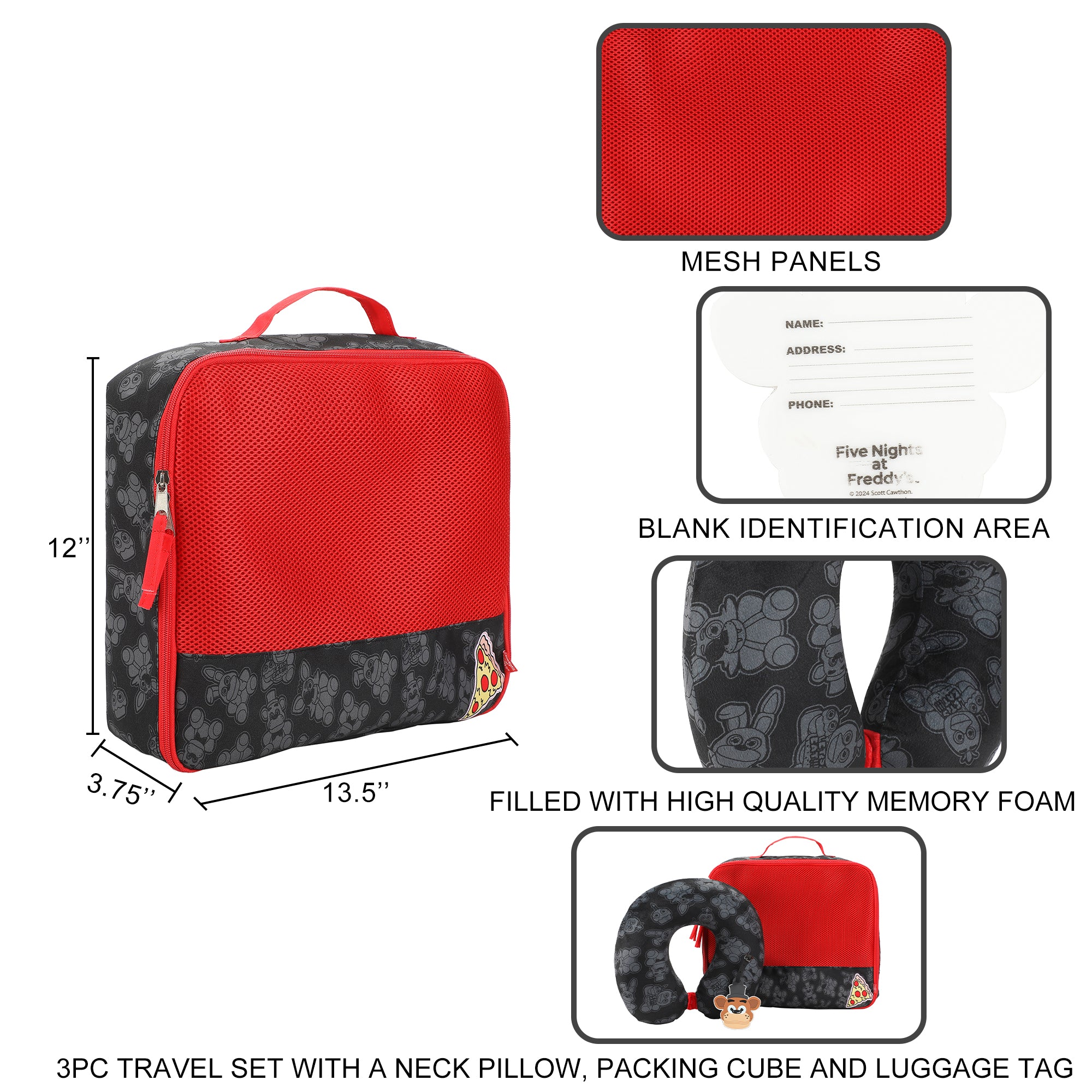 Five Nights At Freddy's 3-Piece Neck Pillow Packing Cube & Luggage Tag Travel Set