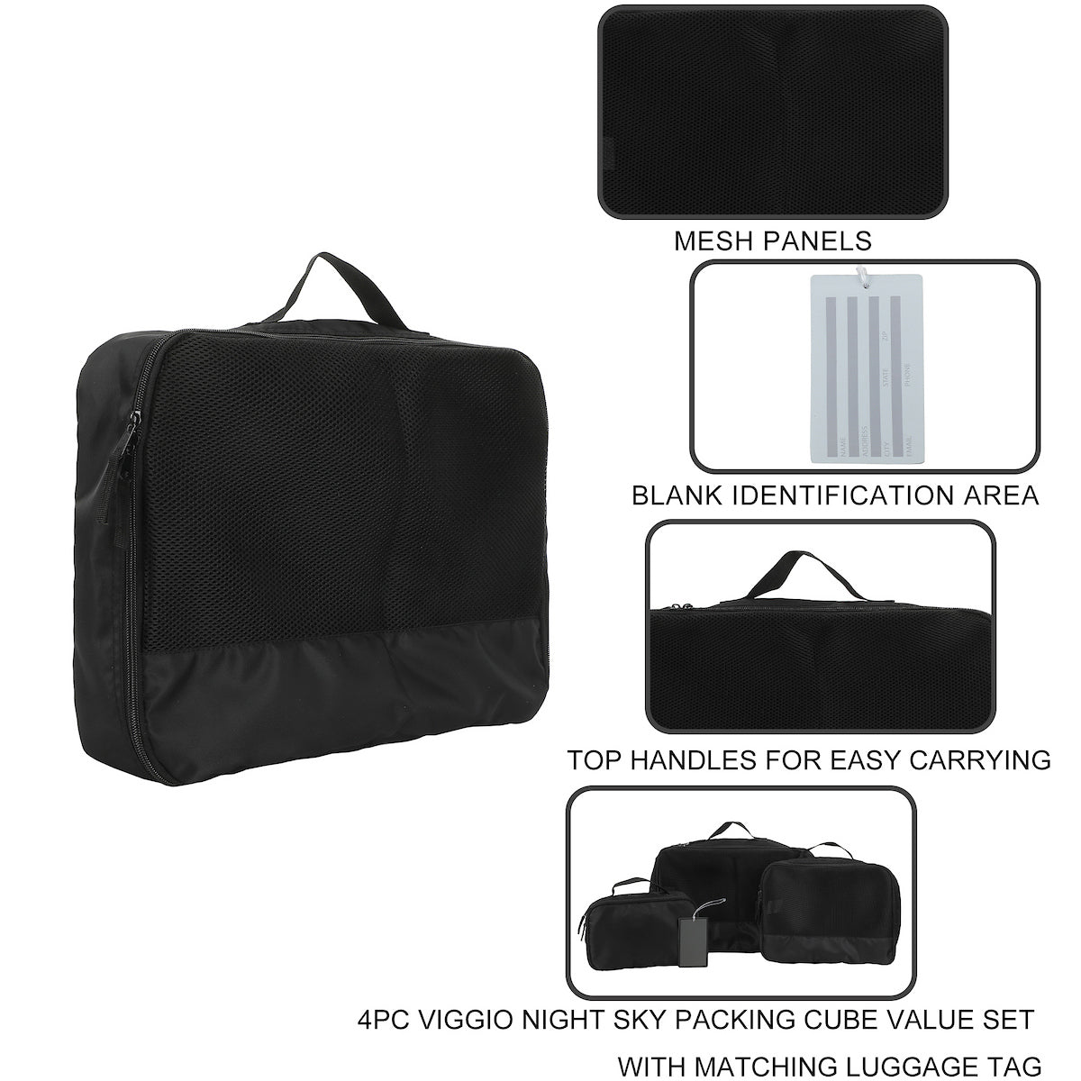 Black 4-Piece Packing Cube & Luggage Tag Set