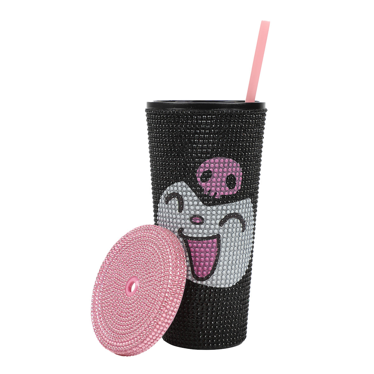 Kuromi Big Face 20 Oz Black Rhinestone-Studded Plastic Tumbler  Cup