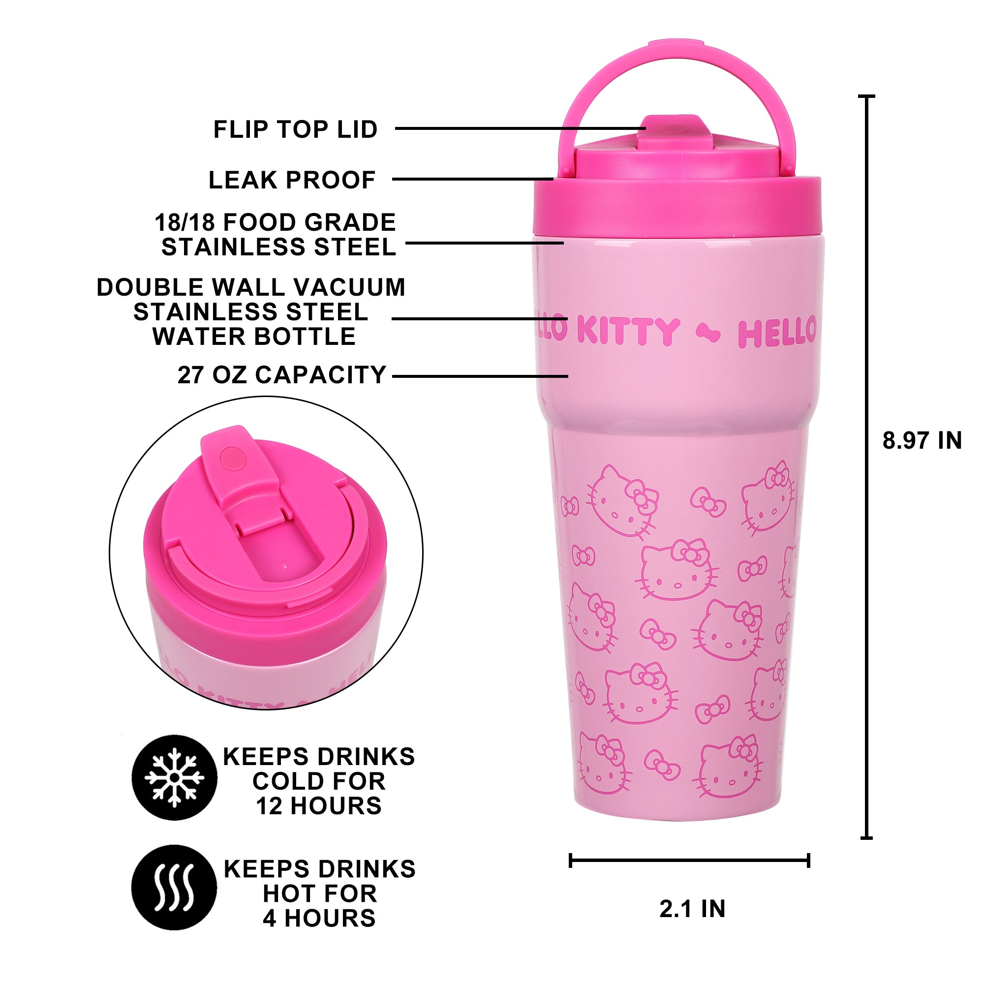 Hello Kitty Character Print Pink 27 Oz Stainless Steel Travel Coffee Tumbler