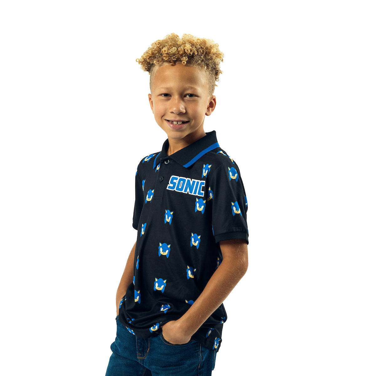 Sonic The Hedgehog Pixel Sonic Heads Short Sleeve Boy's Navy Polo Shirt