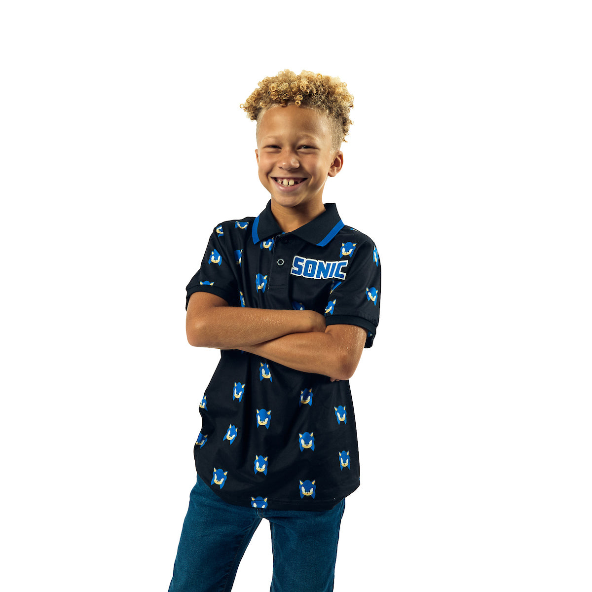 Sonic The Hedgehog Pixel Sonic Heads Short Sleeve Boy's Navy Polo Shirt