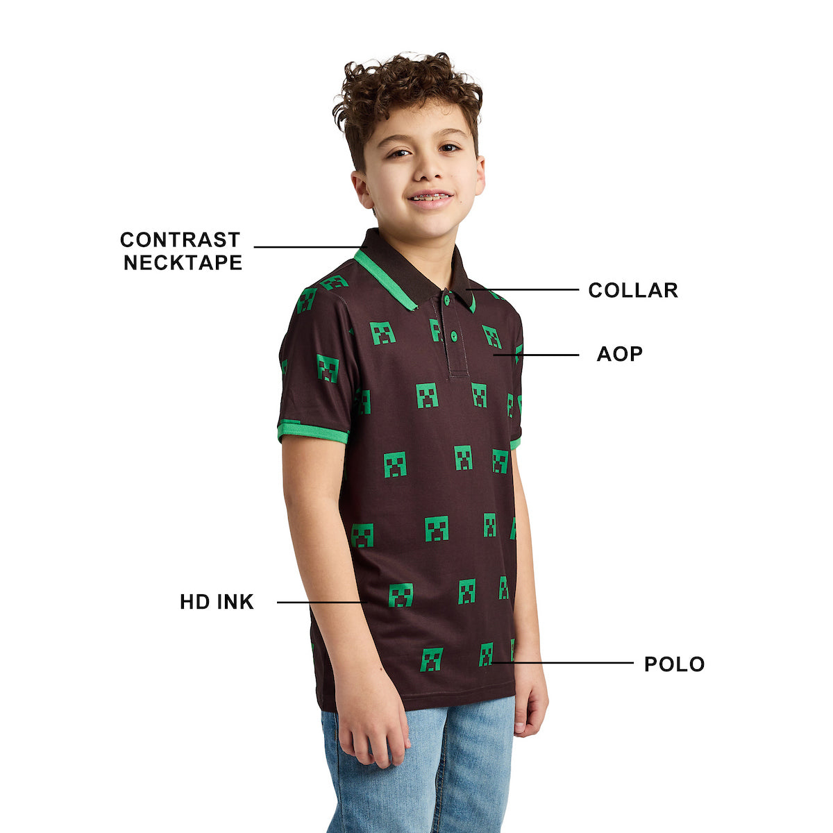 Minecraft Creeper Heads All-Over Print Boy's Black Short Sleeve Polo T-shirt
