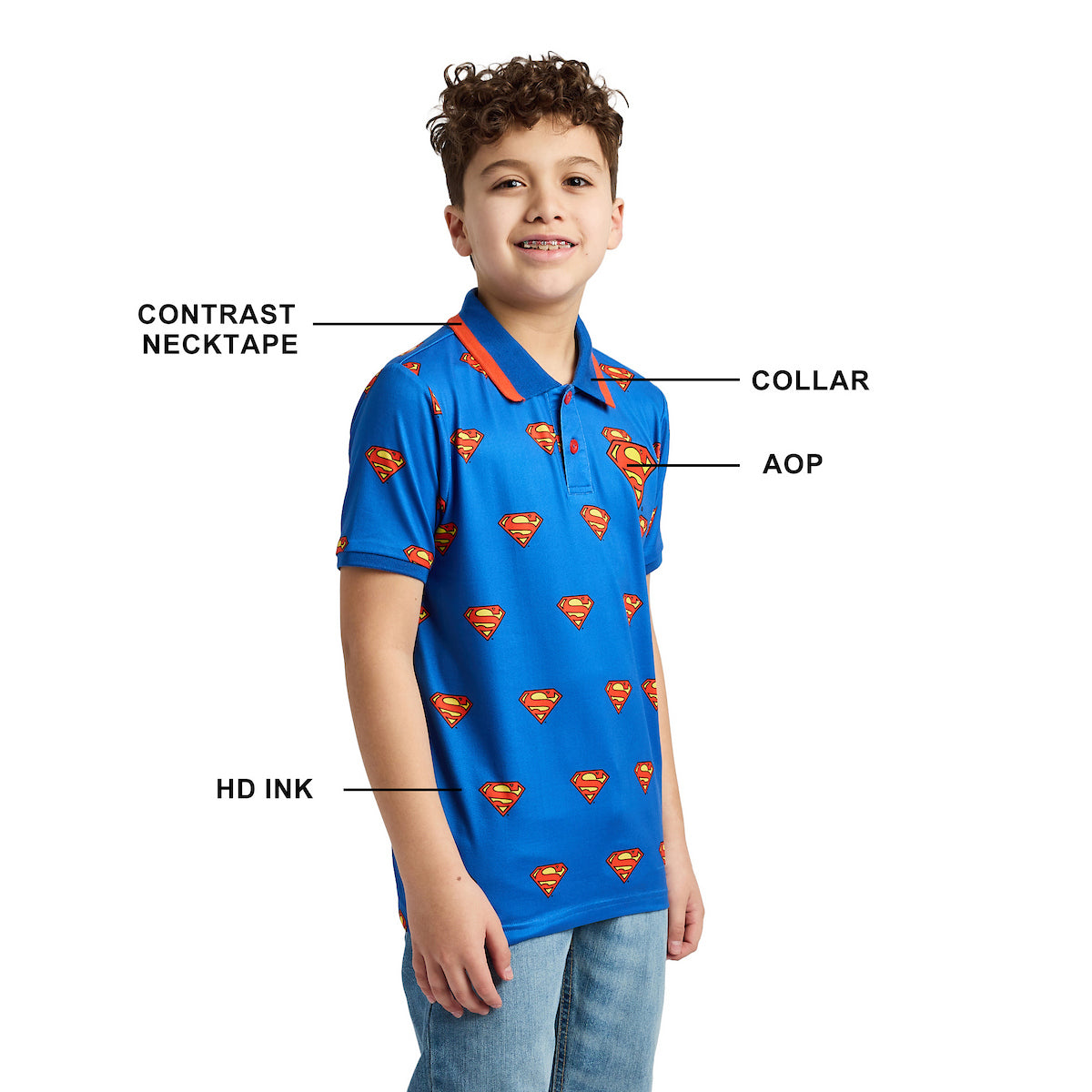 Superman Logo All-Over Print Boy's Royal Blue Short Sleeve Polo T-shirt