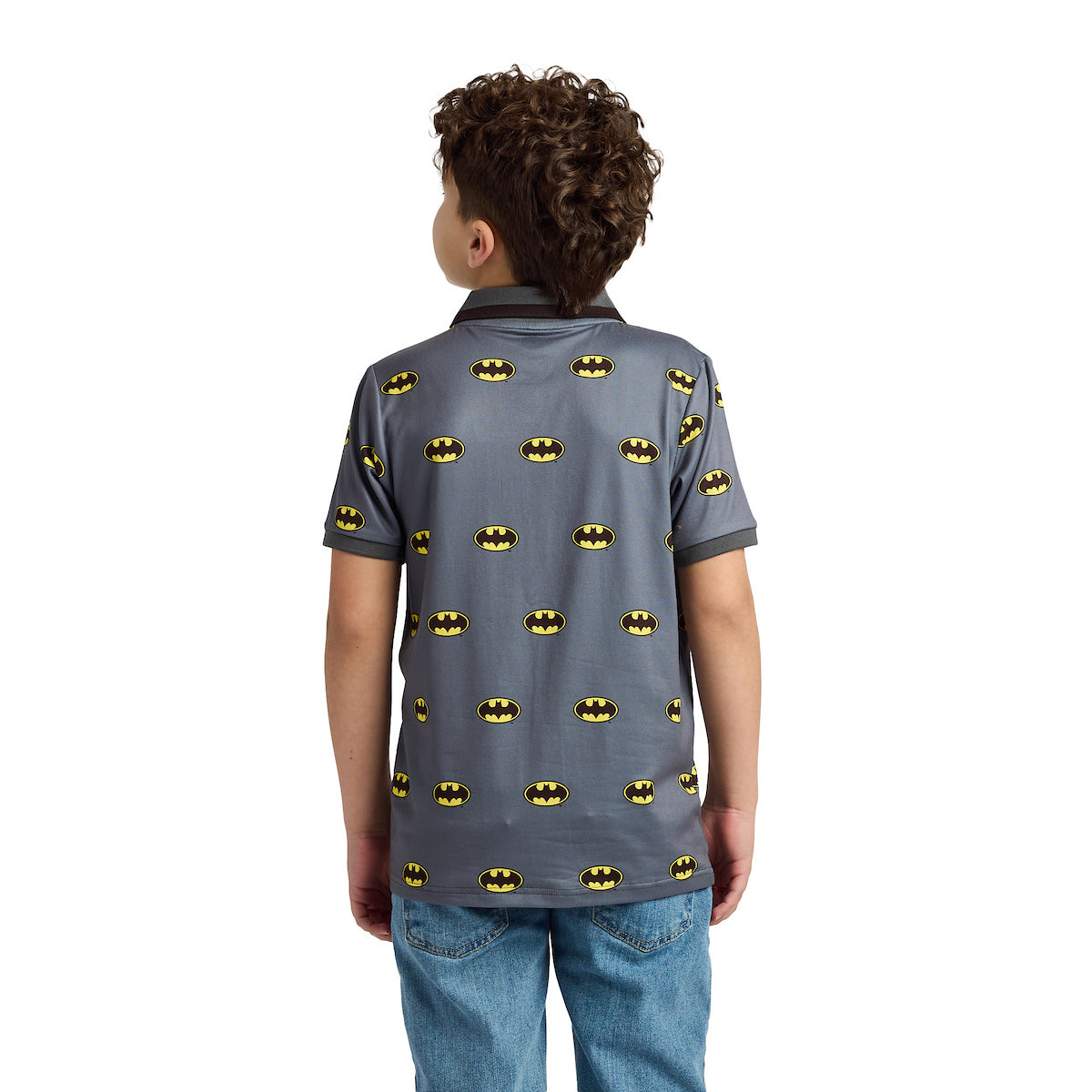 Batman Logo All-Over Print Boy's Gray Short Sleeve Polo T-shirt