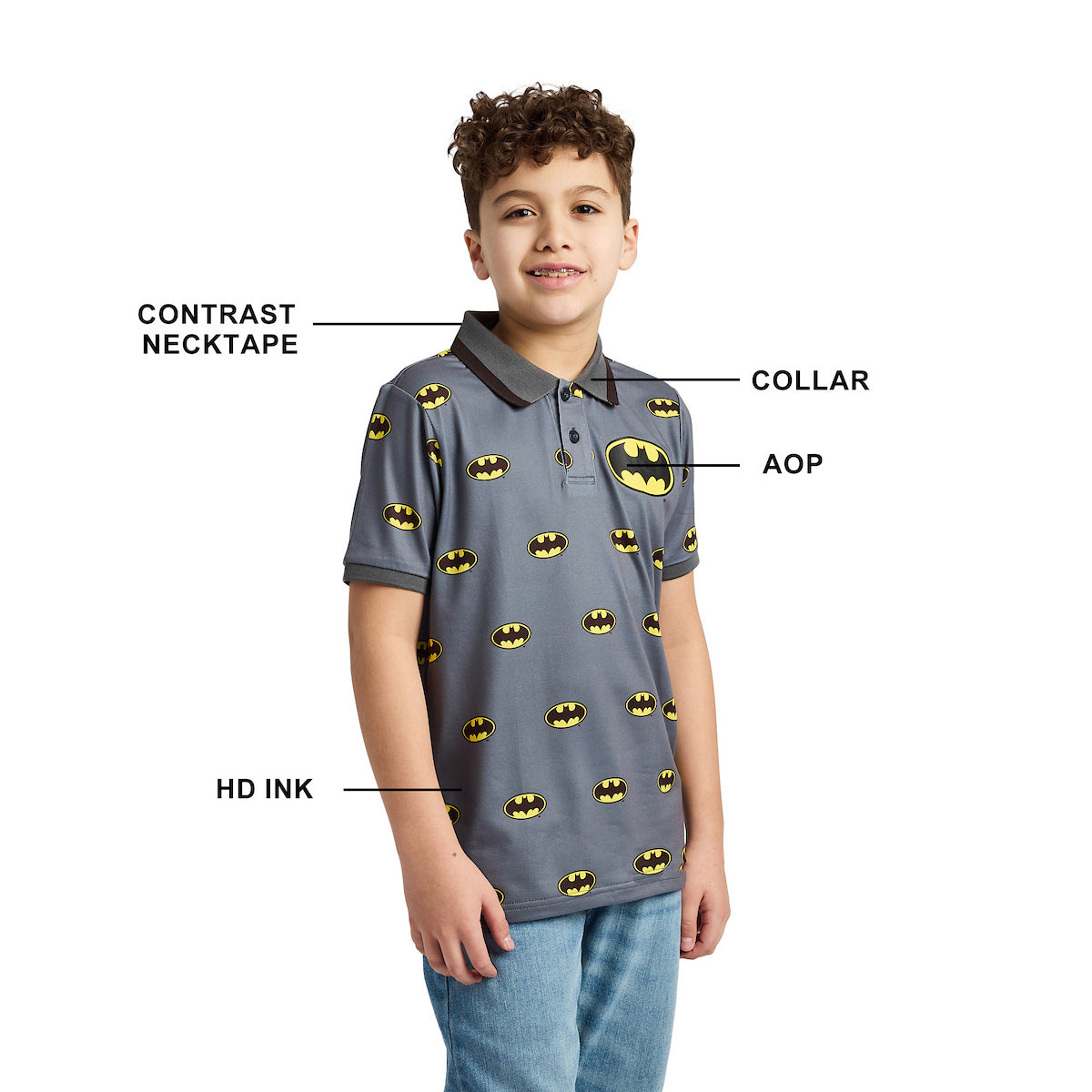 Batman Logo All-Over Print Boy's Gray Short Sleeve Polo T-shirt