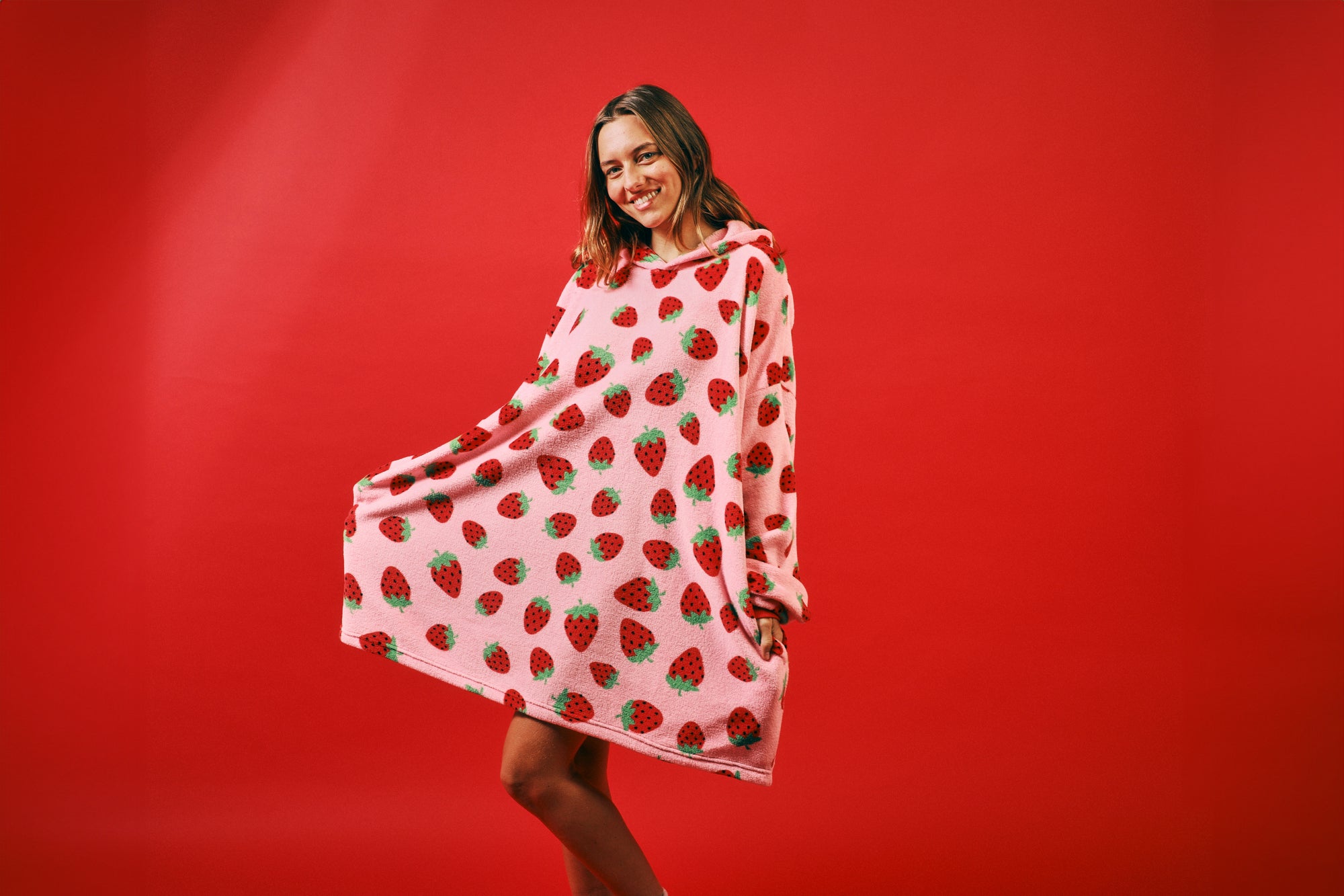 Strawberries All-Over Print Pink Long Sleeve Oversized Hoodie Wearable Blanket-OSFA