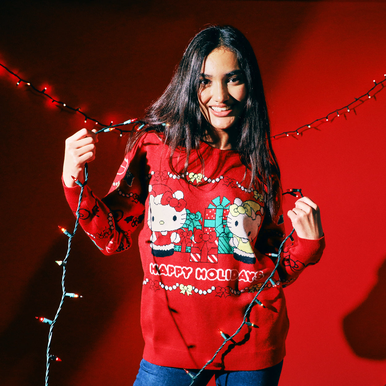 Hello Kitty & Mimmy Happy Holidays Women's Red Crew Neck Long Sleeve Oversized Sweater