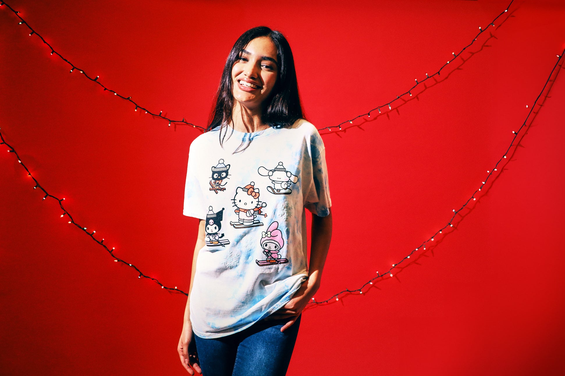 Hello Kitty & Friends Characters Skiing Women's Blue Cloud Wash Crew Neck Short Sleeve T-shirt