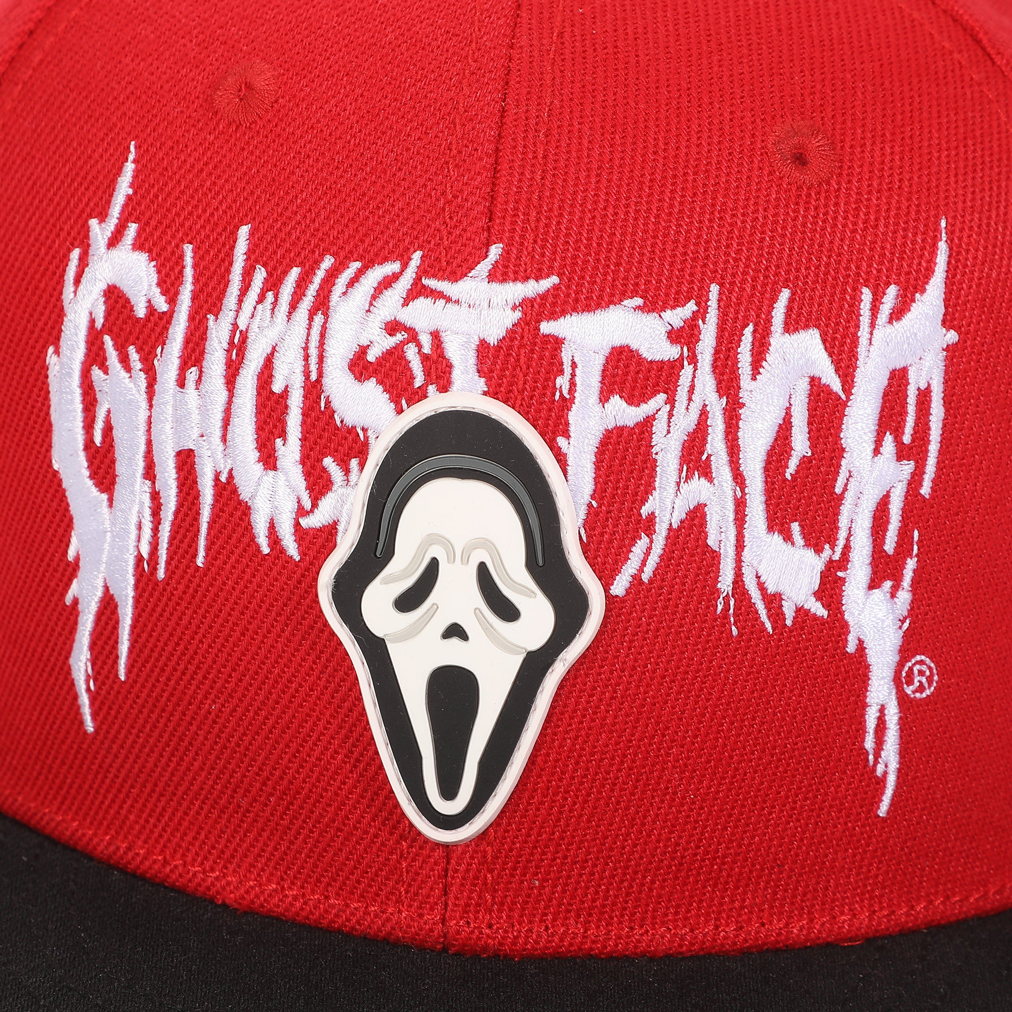 Ghostface Mask Rubber Badge Red Flat Bill Baseball Cap