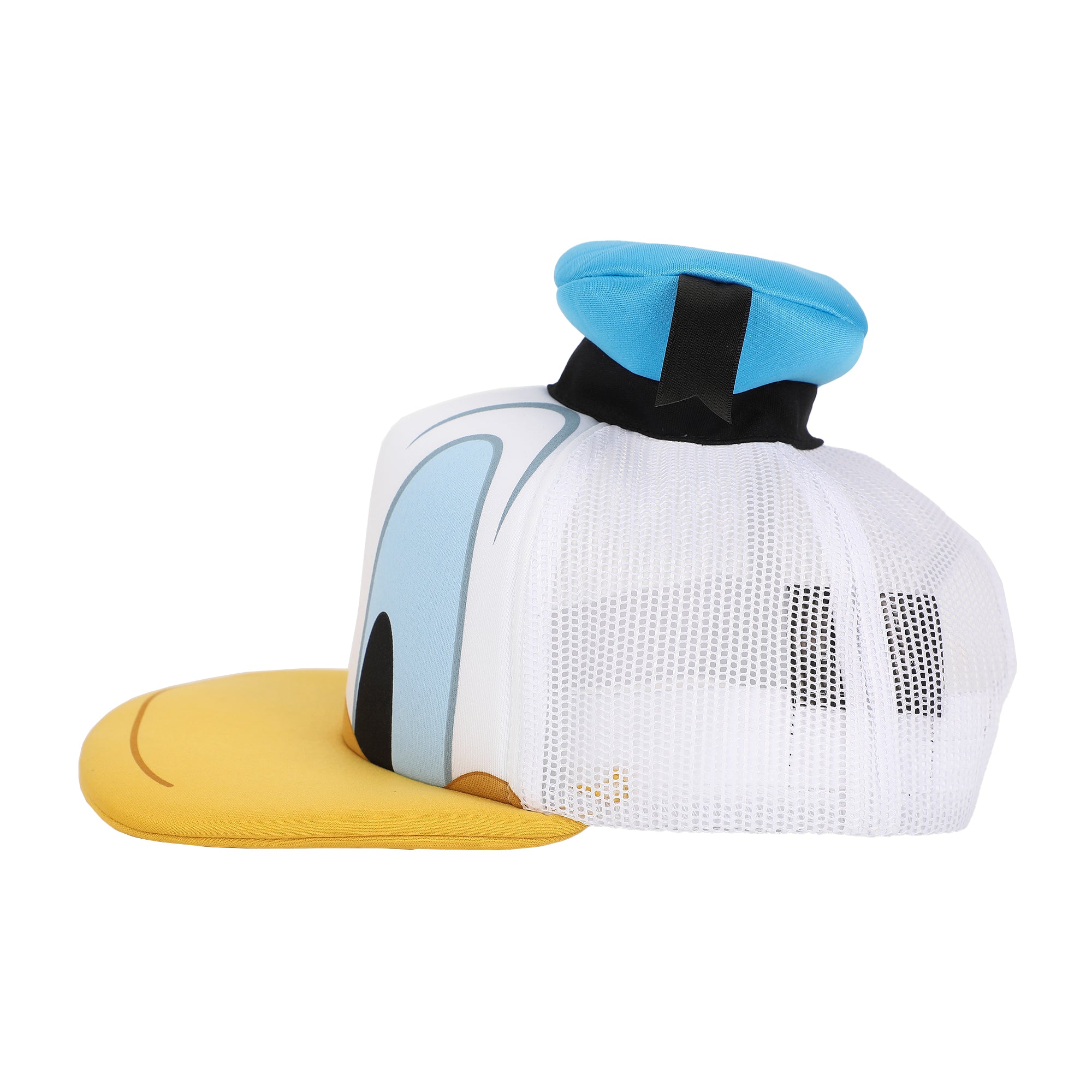 Disney Classic Characters Donald Duck Die Cut Bill And Hatt Applique Nylon And Mesh B5 Trucker Hat Snapback