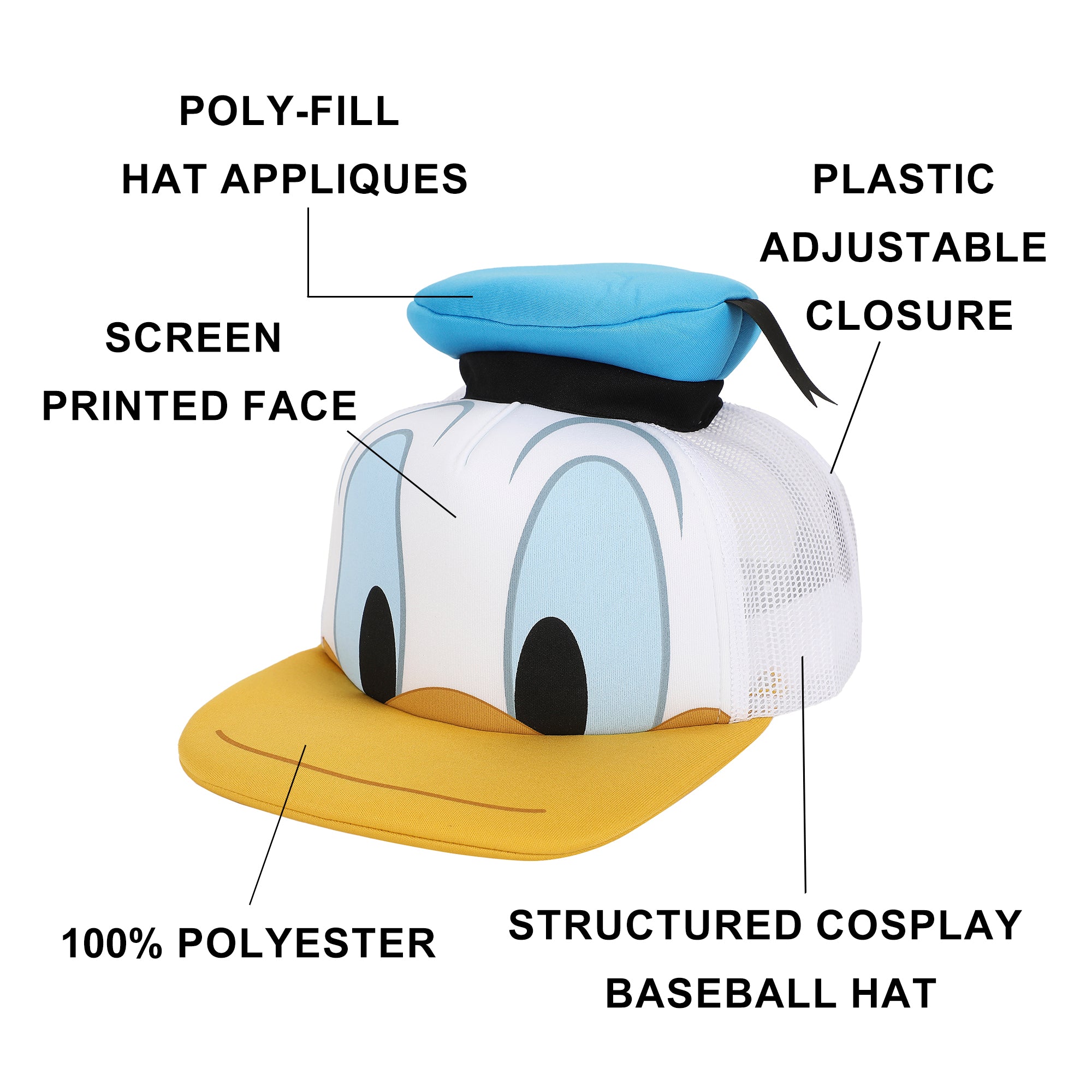Disney Classic Characters Donald Duck Die Cut Bill And Hatt Applique Nylon And Mesh B5 Trucker Hat Snapback