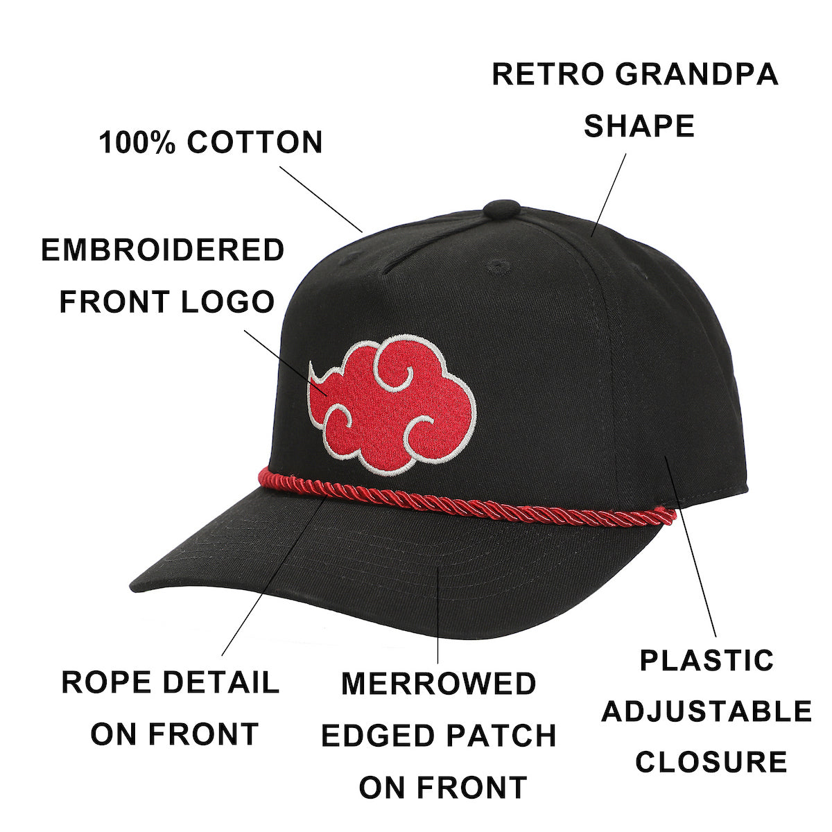 Naruto Embroidered Akatsuki Cloud Black Retro Grandpa Snapback Hat