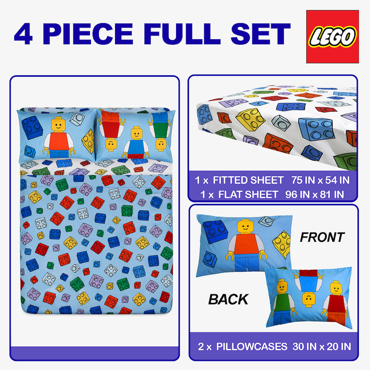 Lego Stax Kids Sheets 4pc Double Set with Rotary Print, Multicolor