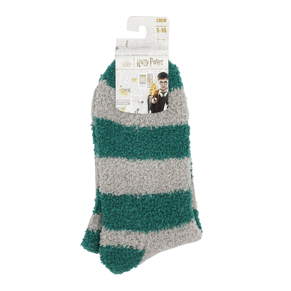 Harry Potter Slytherin Serpent Adult Green & Gray Striped Chenille Crew Socks