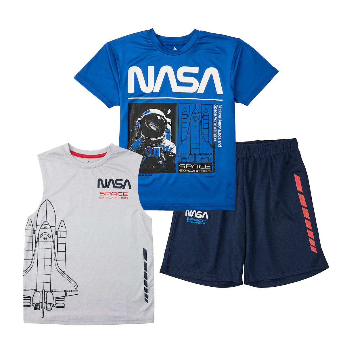 NASA Astronaut & Space Shuttles Boy's 3-Pack Tee Muscle Shirt & Shorts Combo Set