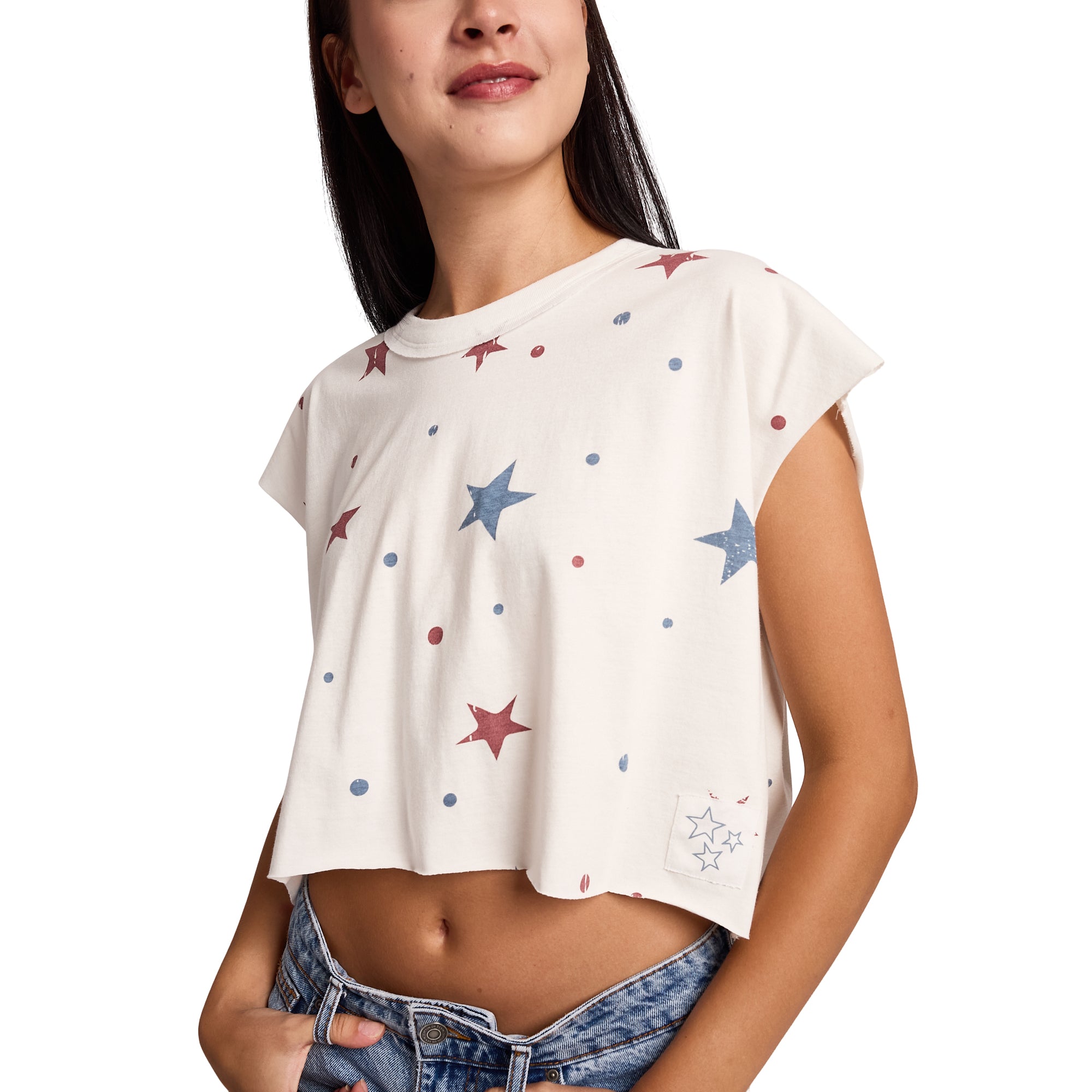 Red & Blue Stars Women's White Raw Hem Cropped Tank