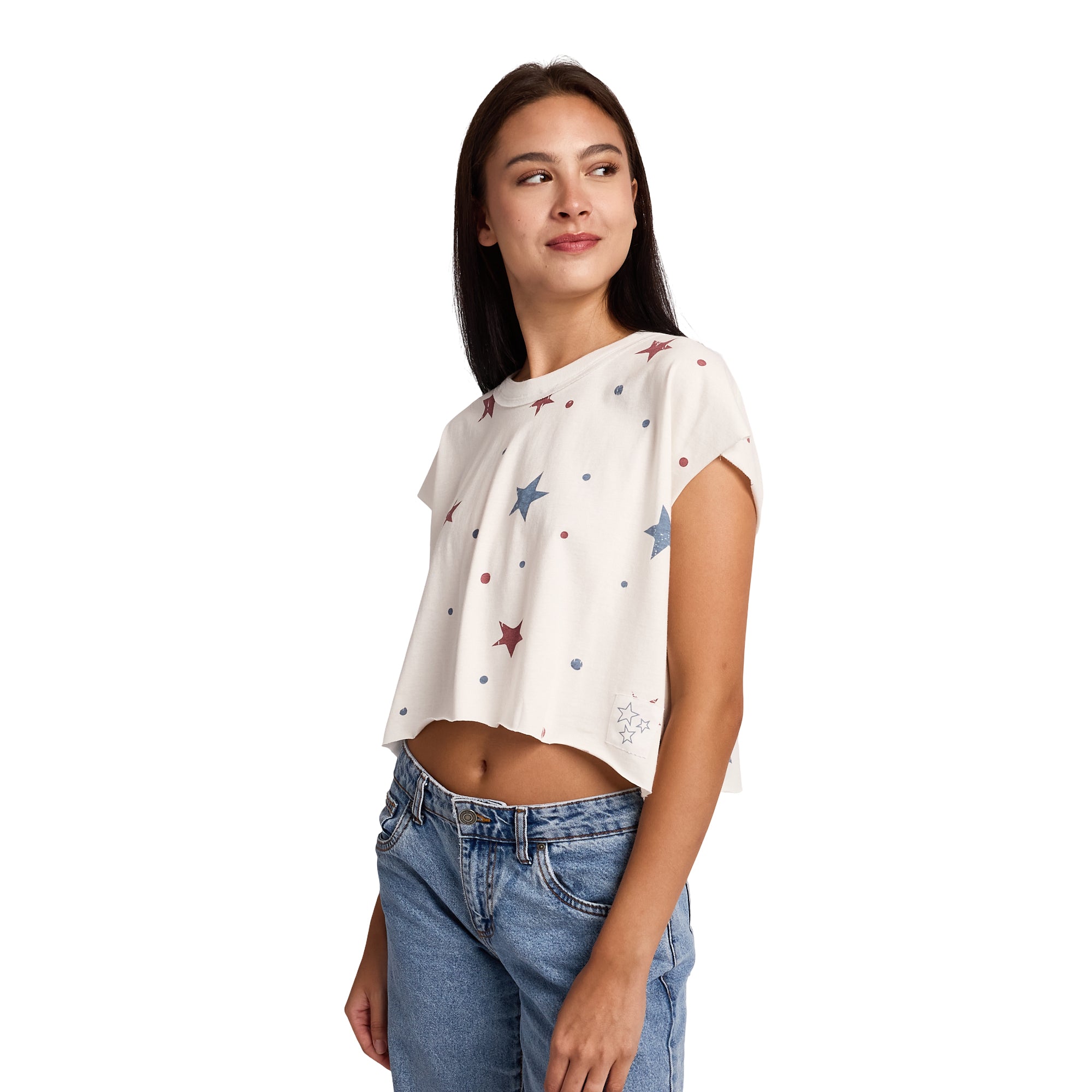 Red & Blue Stars Women's White Raw Hem Cropped Tank
