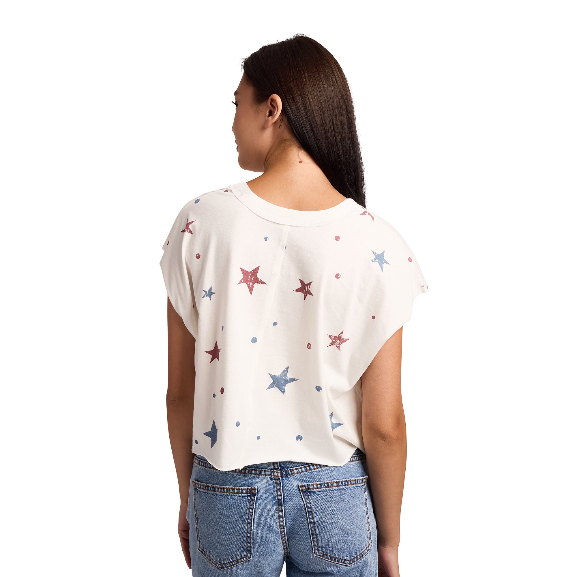 Red & Blue Stars Women's White Raw Hem Cropped Tank