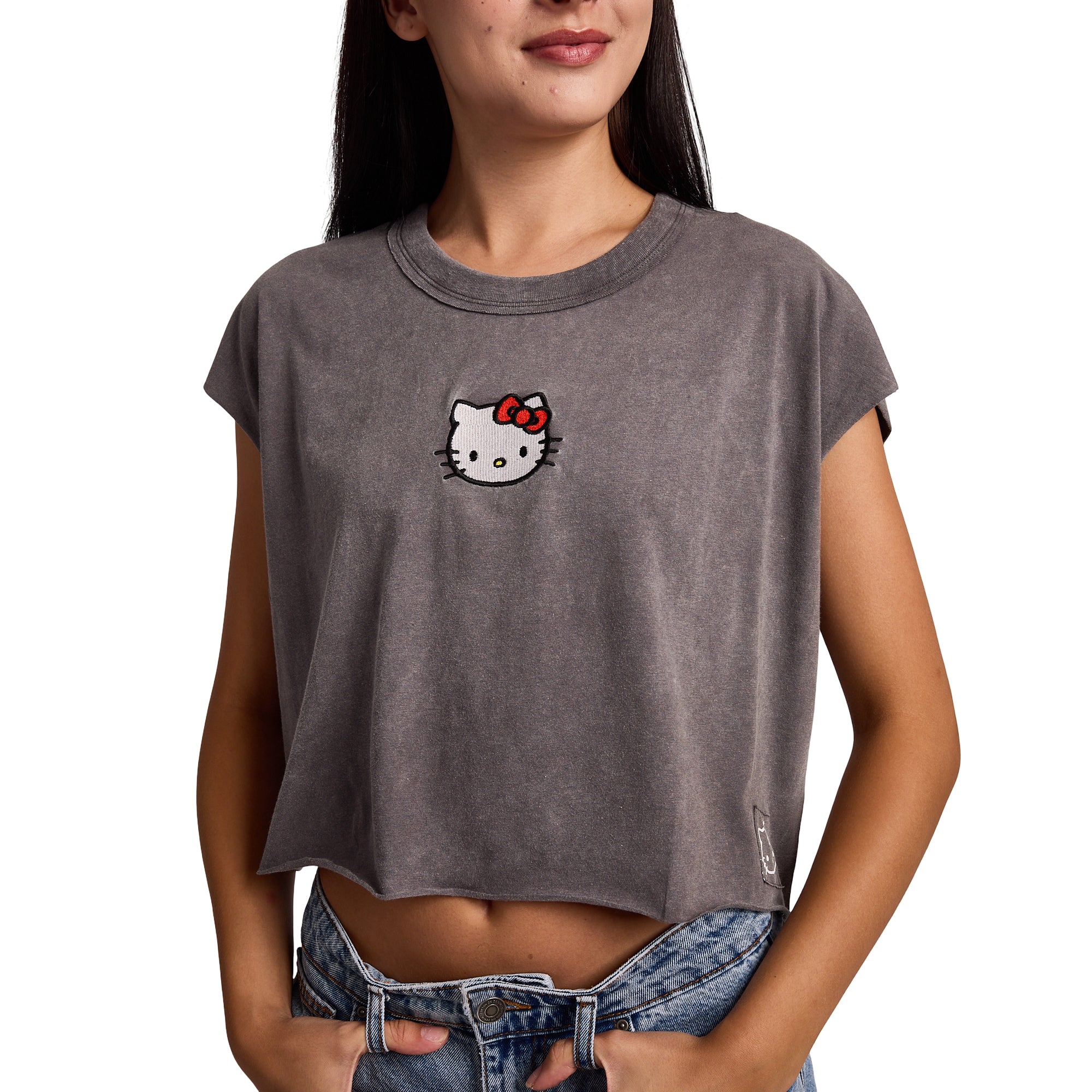 Hello Kitty Embroidered Character Face Women's Black Ram Hem Cropped Tank