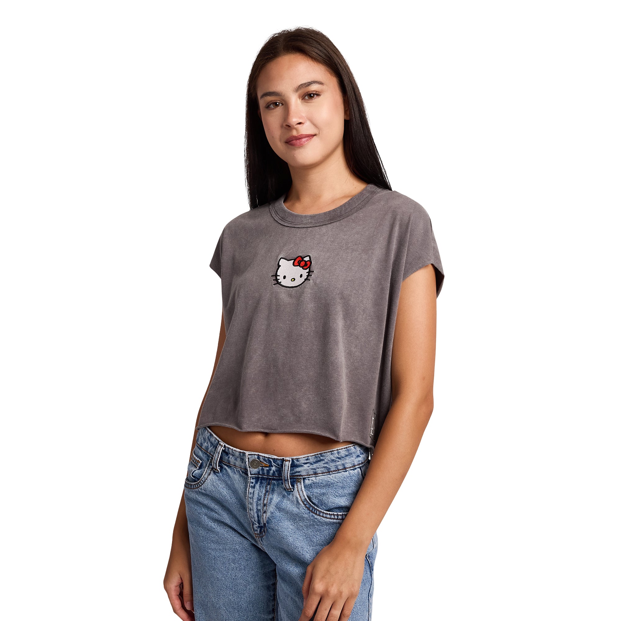 Hello Kitty Embroidered Character Face Women's Black Ram Hem Cropped Tank