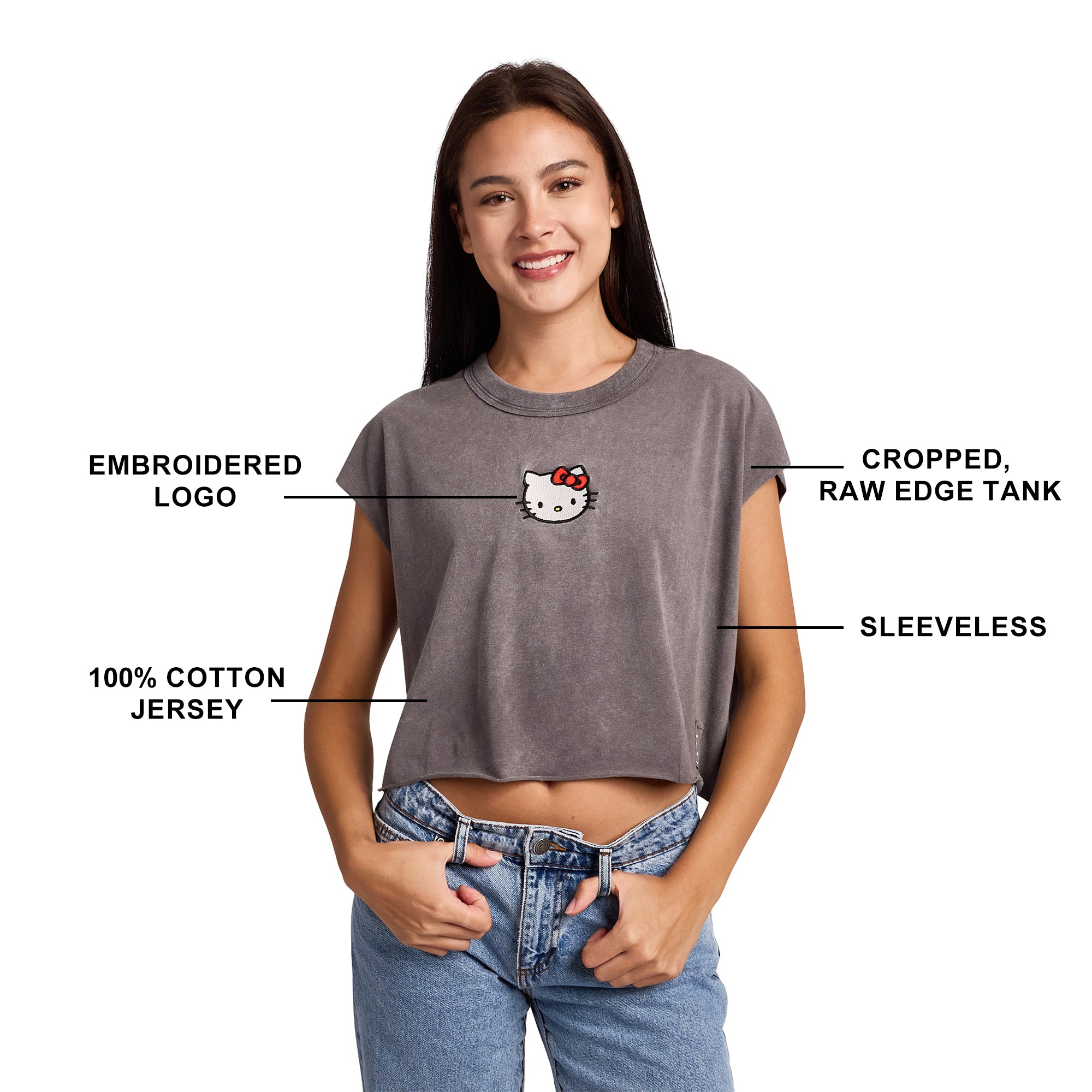 Hello Kitty Embroidered Character Face Women's Black Ram Hem Cropped Tank