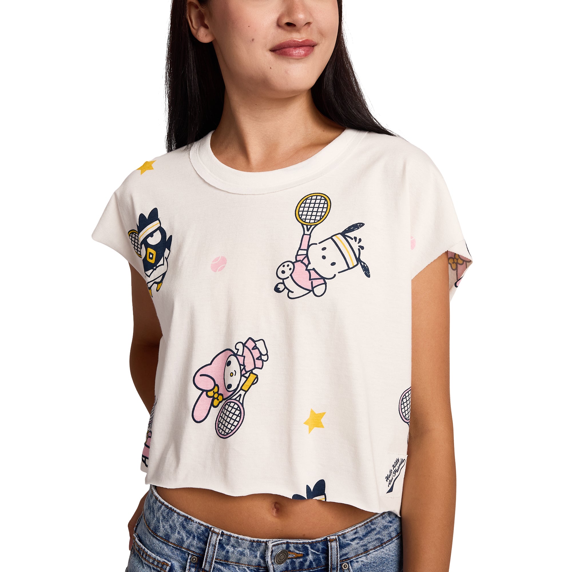 Hello Kitty & Friends Repeat Characters Women's White Raw Hem Cropped Tank