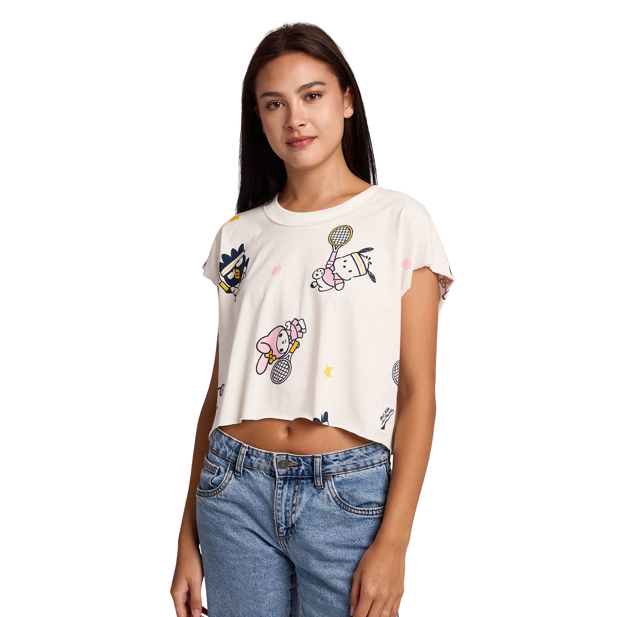 Hello Kitty & Friends Repeat Characters Women's White Raw Hem Cropped Tank