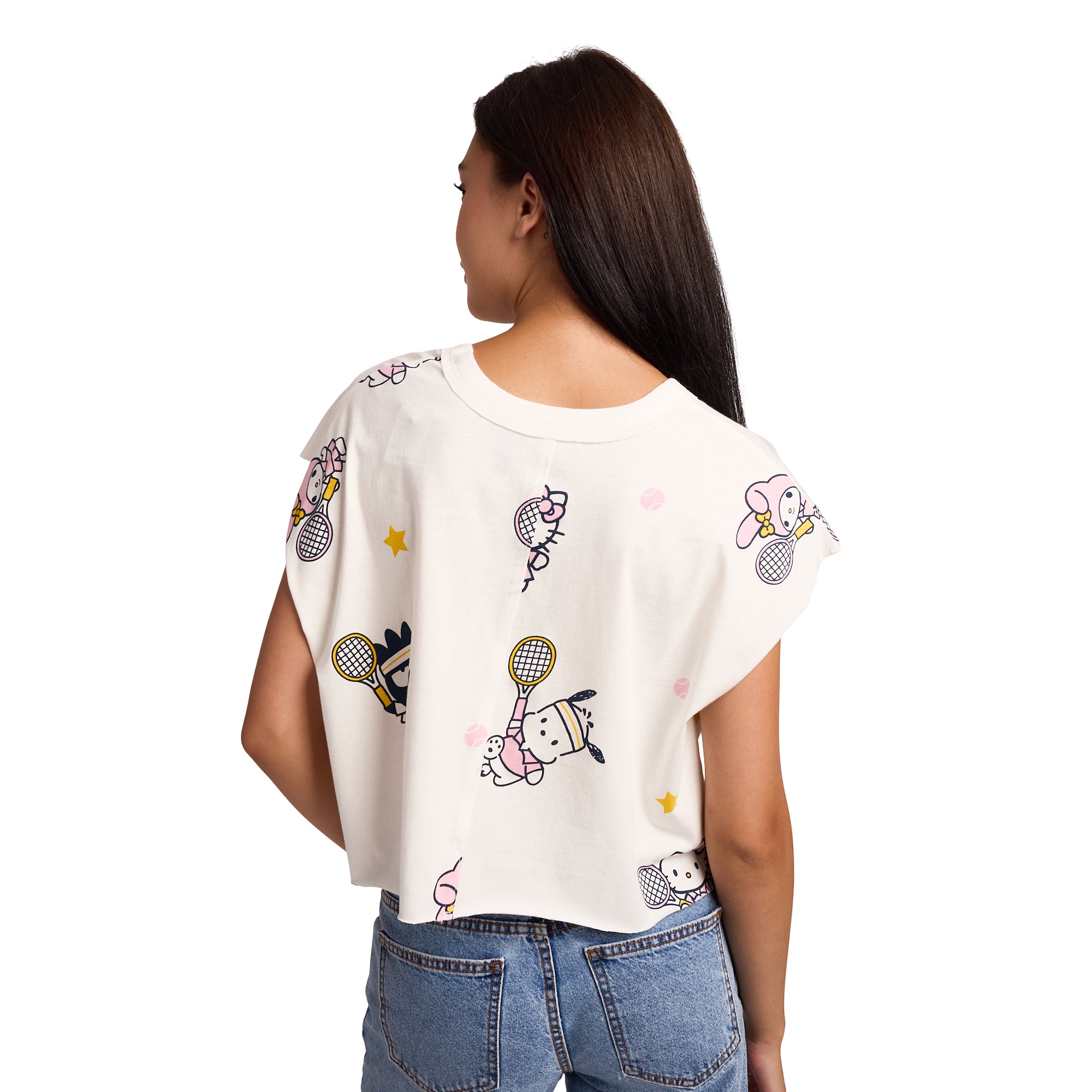 Hello Kitty & Friends Repeat Characters Women's White Raw Hem Cropped Tank